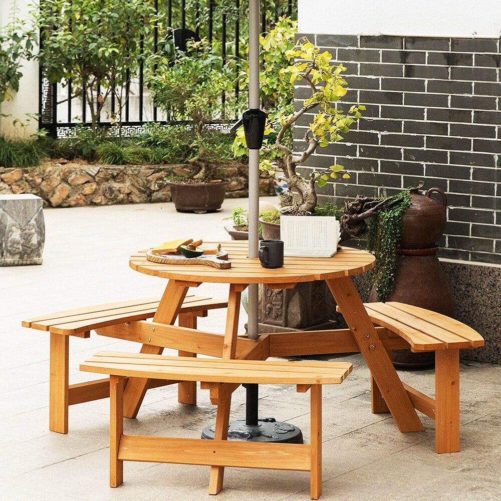 Ensemble de pique-nique d'extérieur en bois pour 6 personnes, table à manger avec bancs et trou pour parasol - 66,92 P x 66,92 l x 27,55 H (L x l x H)