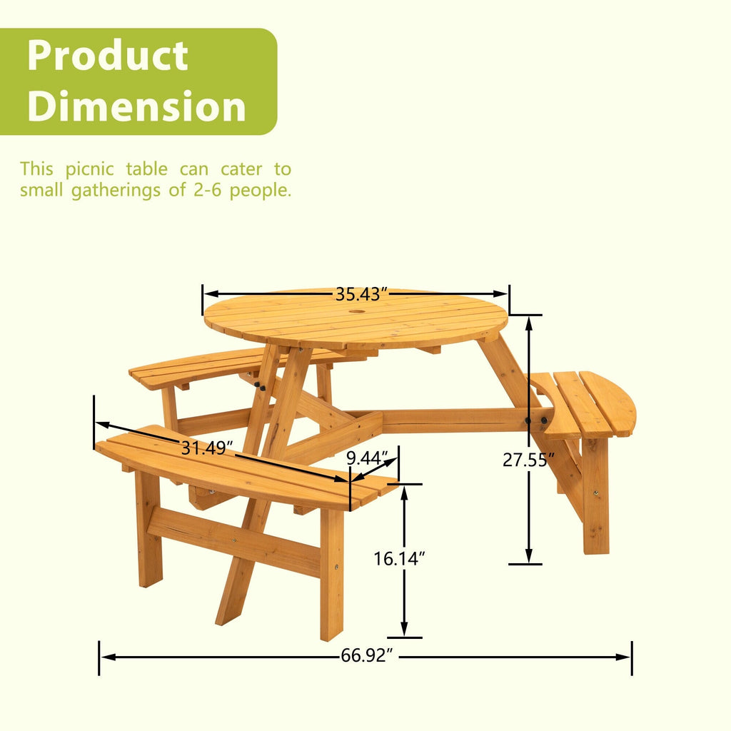 Ensemble de pique-nique d'extérieur en bois pour 6 personnes, table à manger avec bancs et trou pour parasol - 66,92 P x 66,92 l x 27,55 H (L x l x H)
