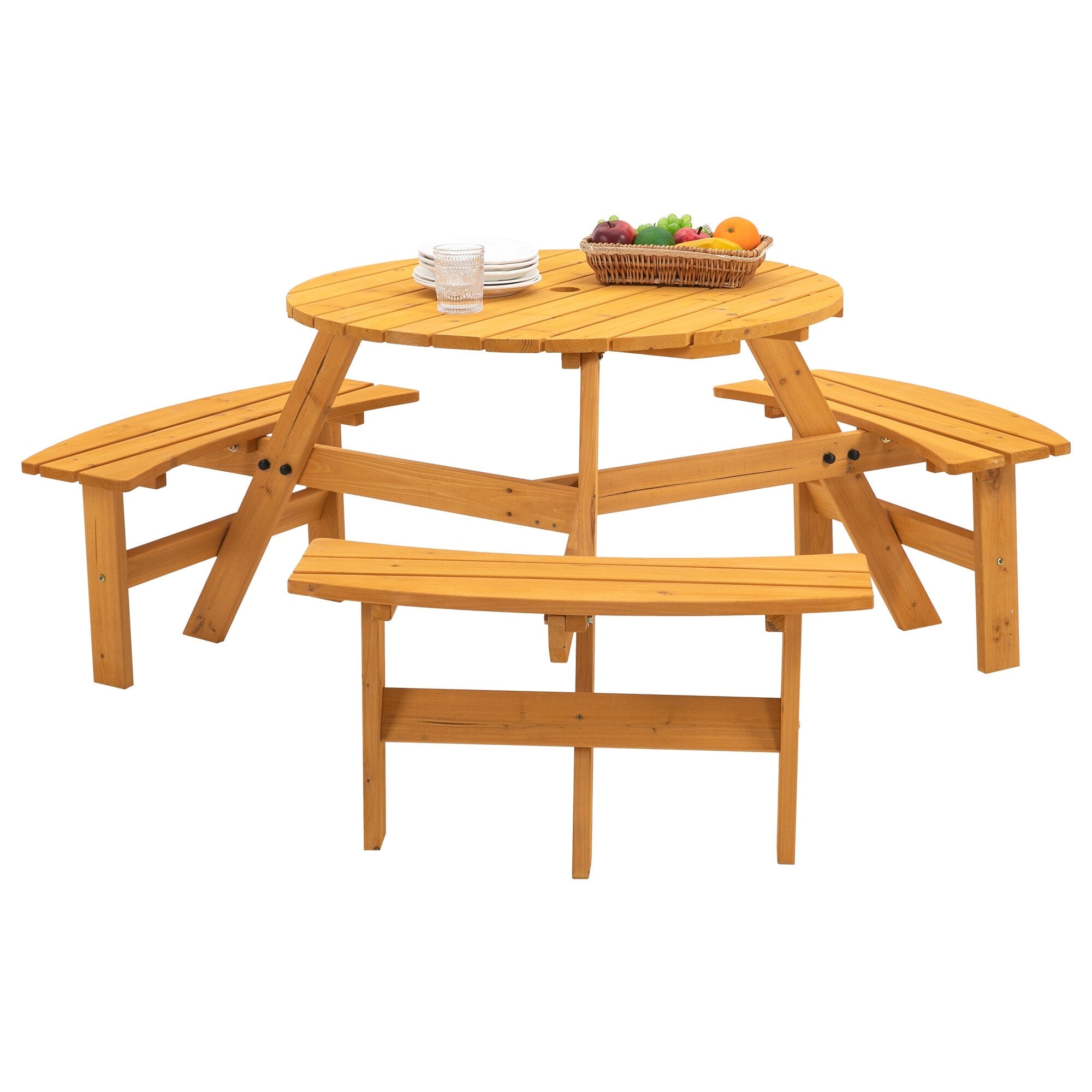 Ensemble de pique-nique d'extérieur en bois pour 6 personnes, table à manger avec bancs et trou pour parasol - 66,92 P x 66,92 l x 27,55 H (L x l x H)