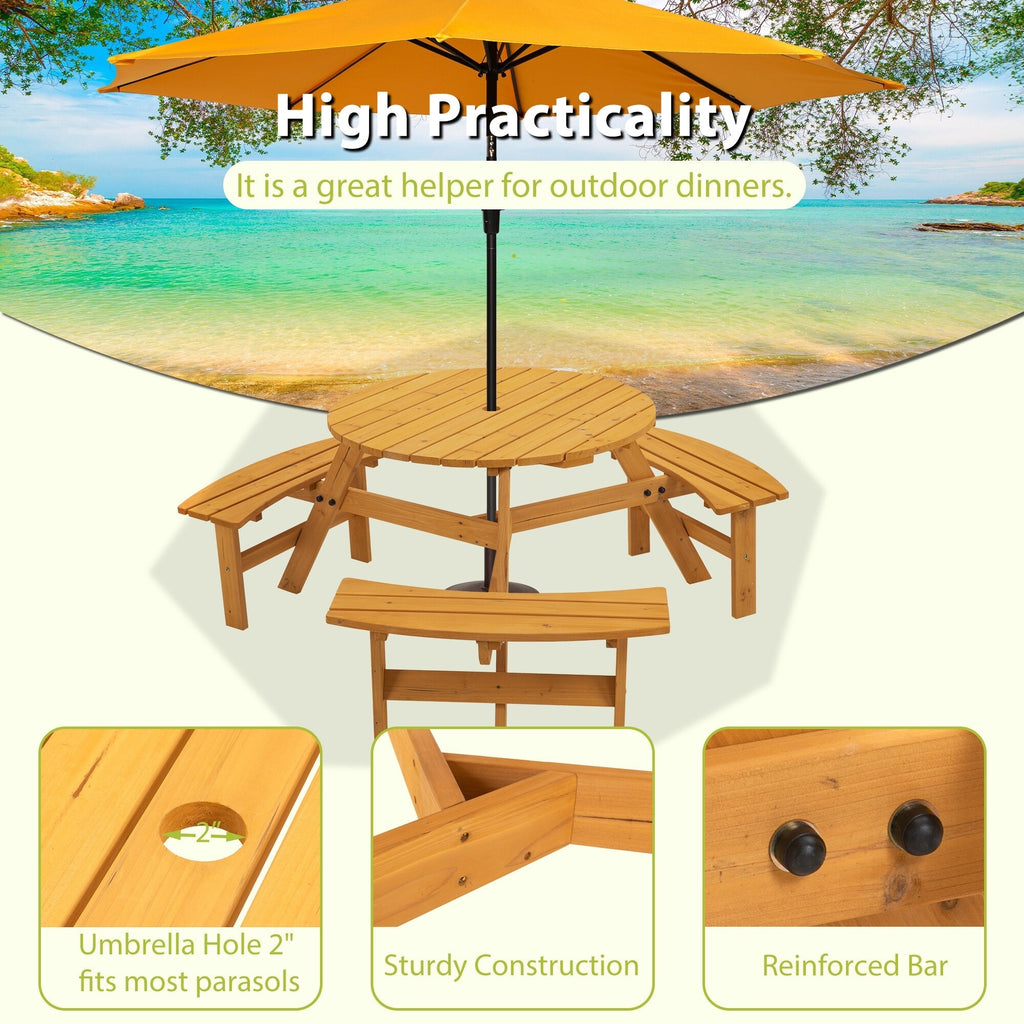 Ensemble de pique-nique d'extérieur en bois pour 6 personnes, table à manger avec bancs et trou pour parasol - 66,92 P x 66,92 l x 27,55 H (L x l x H)