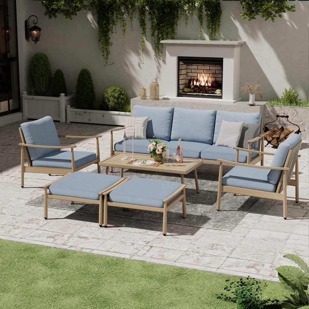 Ensemble de salon de jardin en aluminium 6 pièces, canapé d'extérieur 3 places avec poufs et table basse