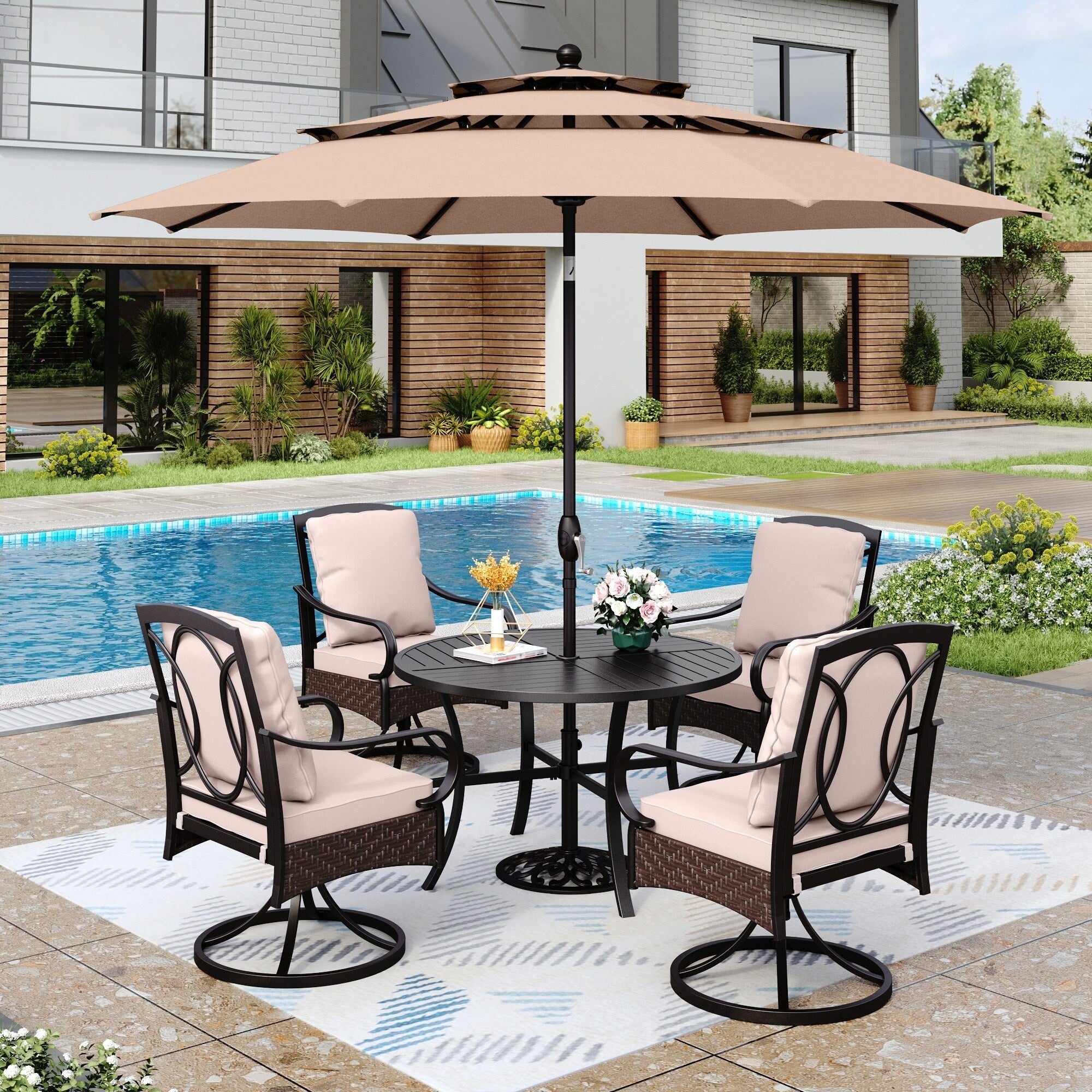 Ensemble de salle à manger d'extérieur en métal MAISON?ARTS 6 pièces avec coussins beiges, 4 chaises pivotantes et parasol beige