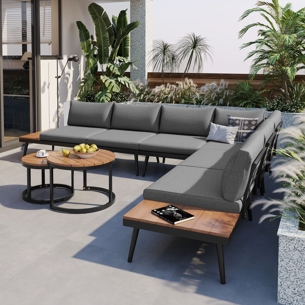 Ensemble de canapés d'extérieur 6 pièces avec tables basses rondes gigognes et canapé d'assise avec coussins