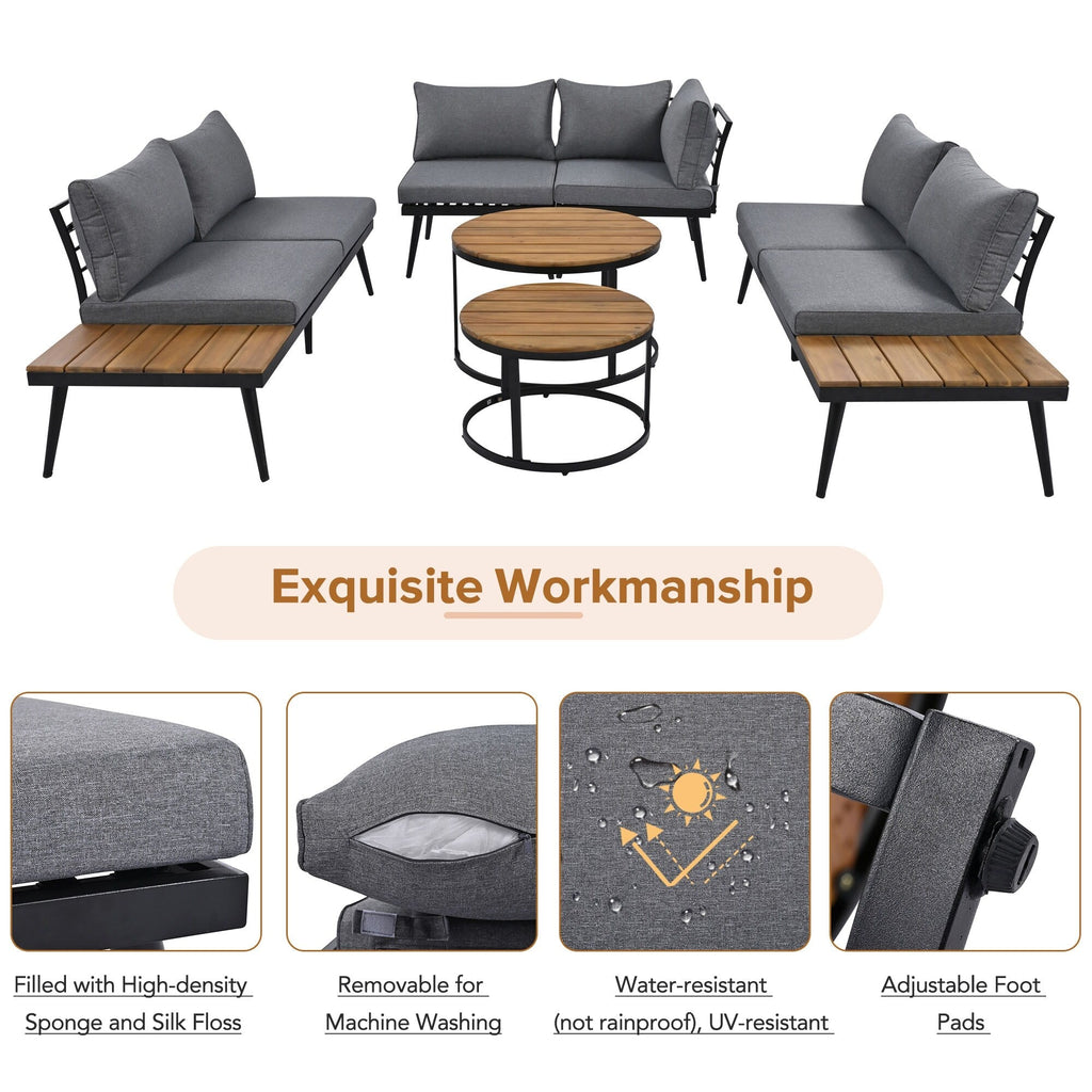 Ensemble de canapés d'extérieur 6 pièces avec tables basses rondes gigognes et canapé d'assise avec coussins