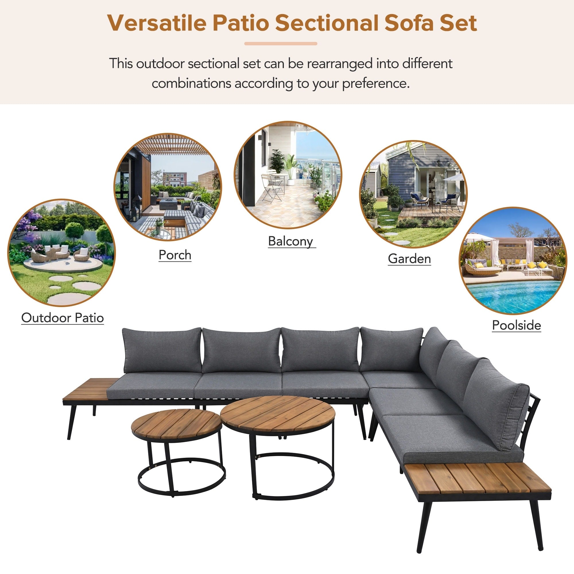 Ensemble de canapés d'extérieur 6 pièces avec tables basses rondes gigognes et canapé d'assise avec coussins