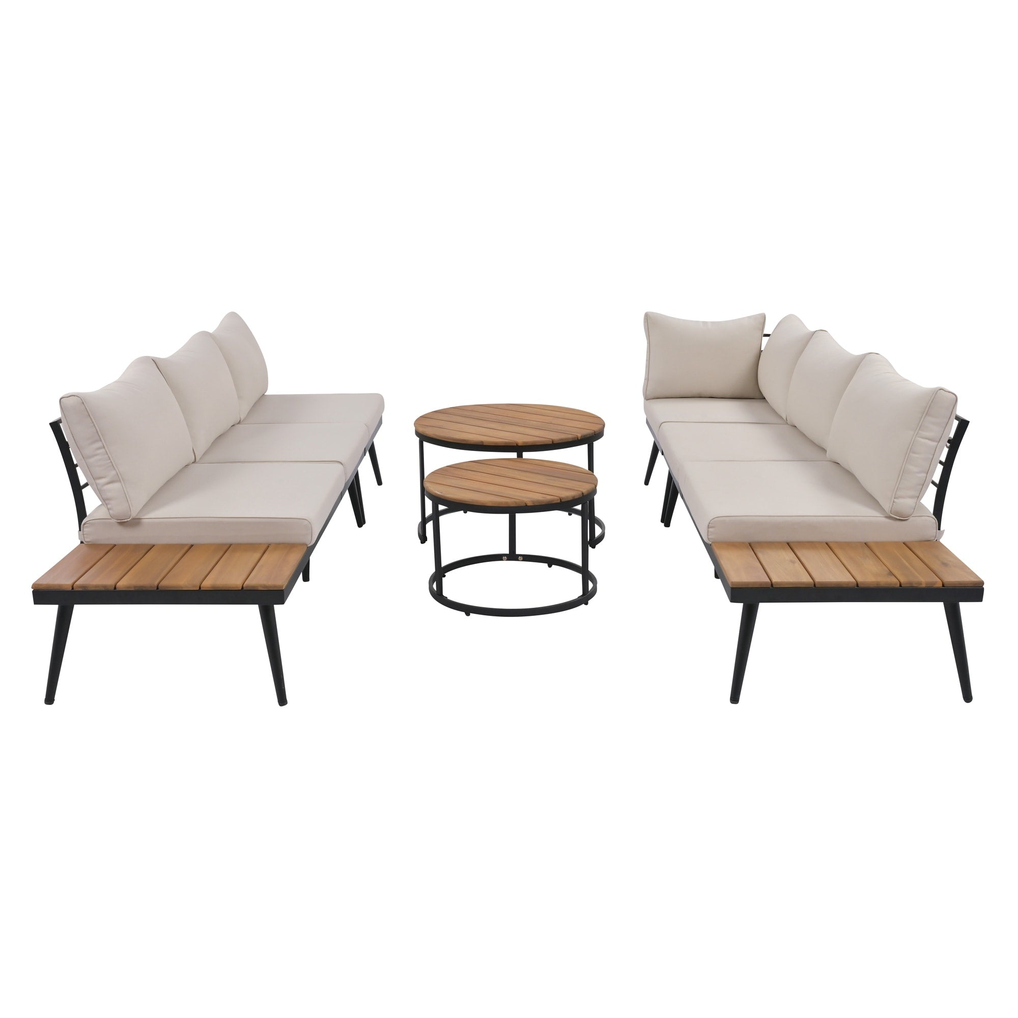 Ensemble de canapés d'extérieur 6 pièces avec tables basses rondes gigognes et canapé d'assise avec coussins