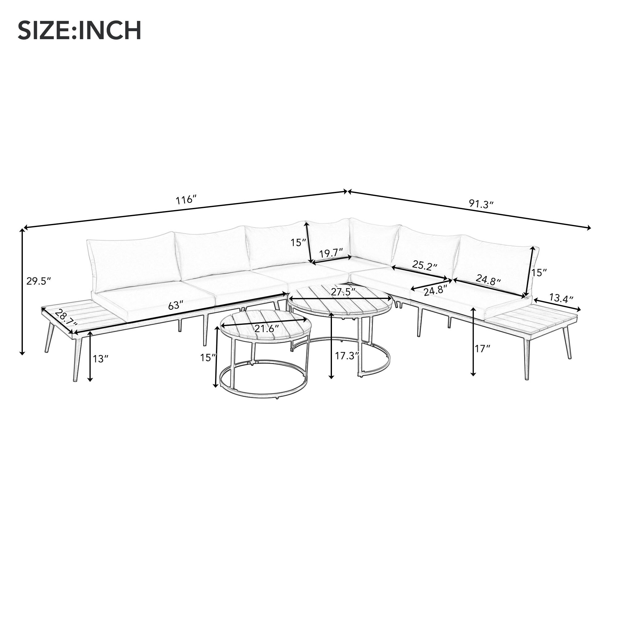 Ensemble de canapés d'extérieur 6 pièces avec tables basses rondes gigognes et canapé d'assise avec coussins