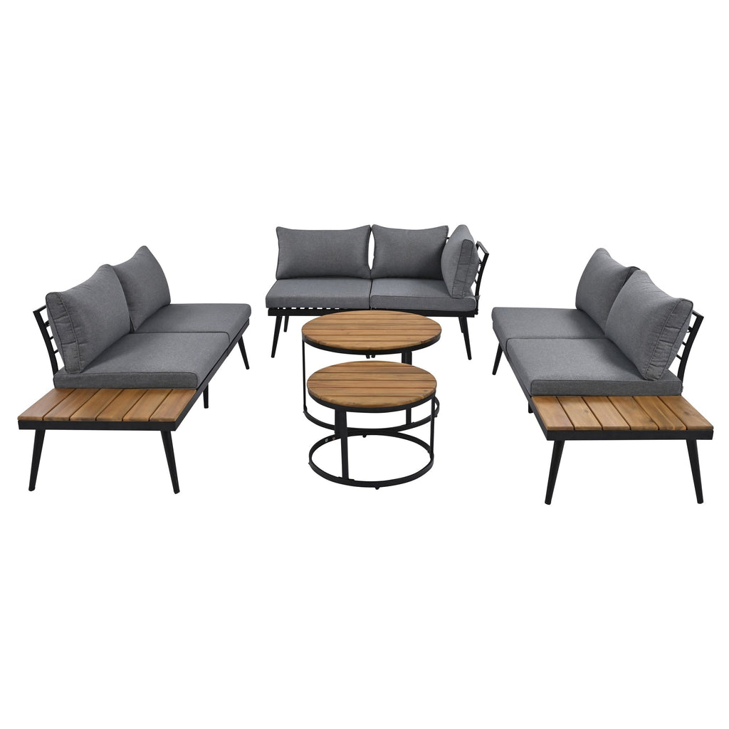 Ensemble de canapés d'extérieur 6 pièces avec tables basses rondes gigognes et canapé d'assise avec coussins