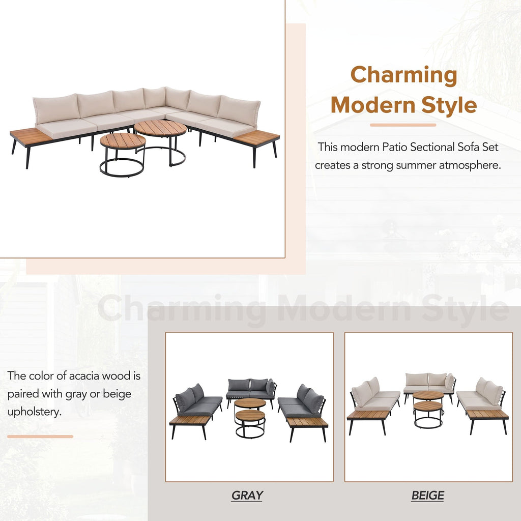 Ensemble de canapés d'extérieur 6 pièces avec tables basses rondes gigognes et canapé d'assise avec coussins