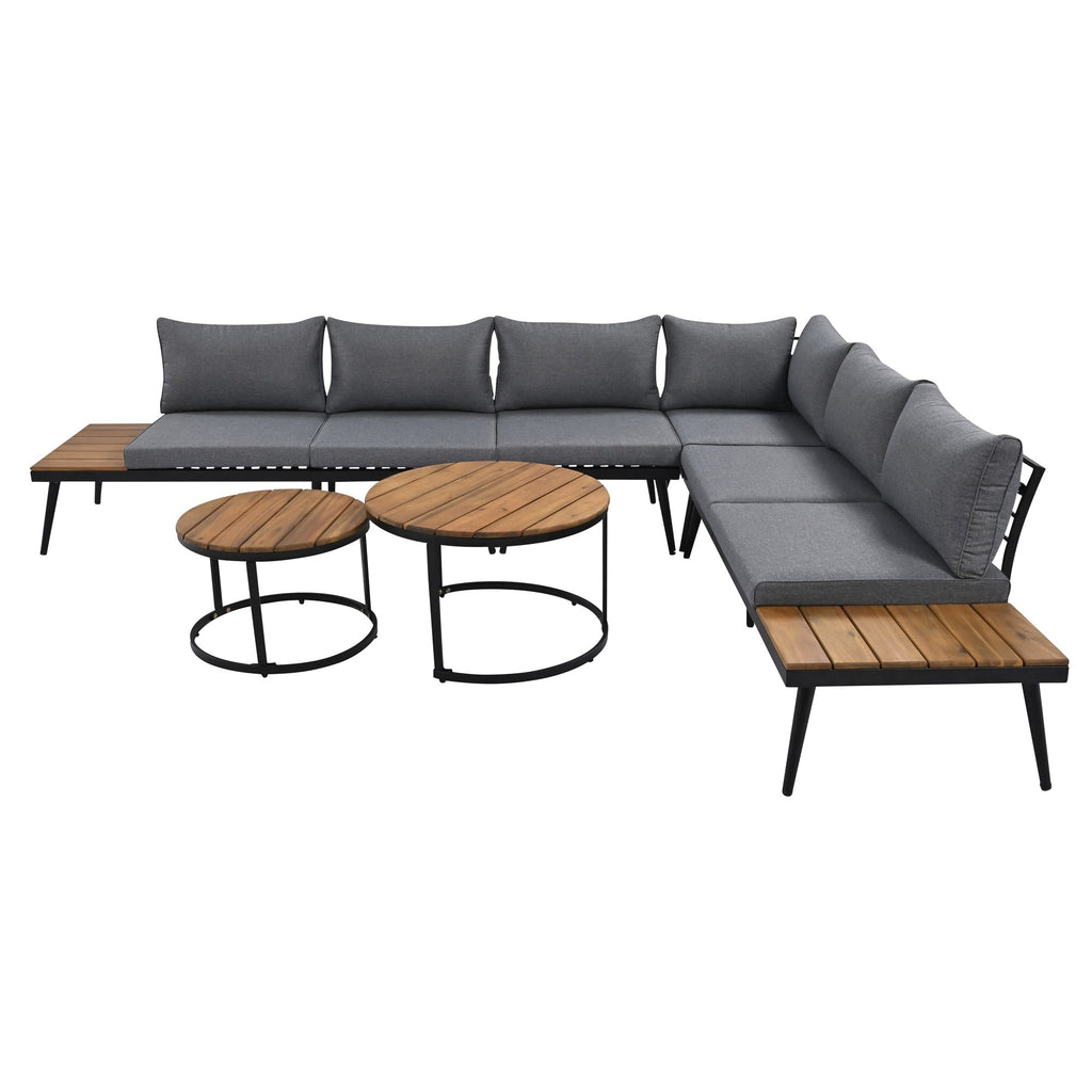 Ensemble de canapés d'extérieur 6 pièces avec tables basses rondes gigognes et canapé d'assise avec coussins
