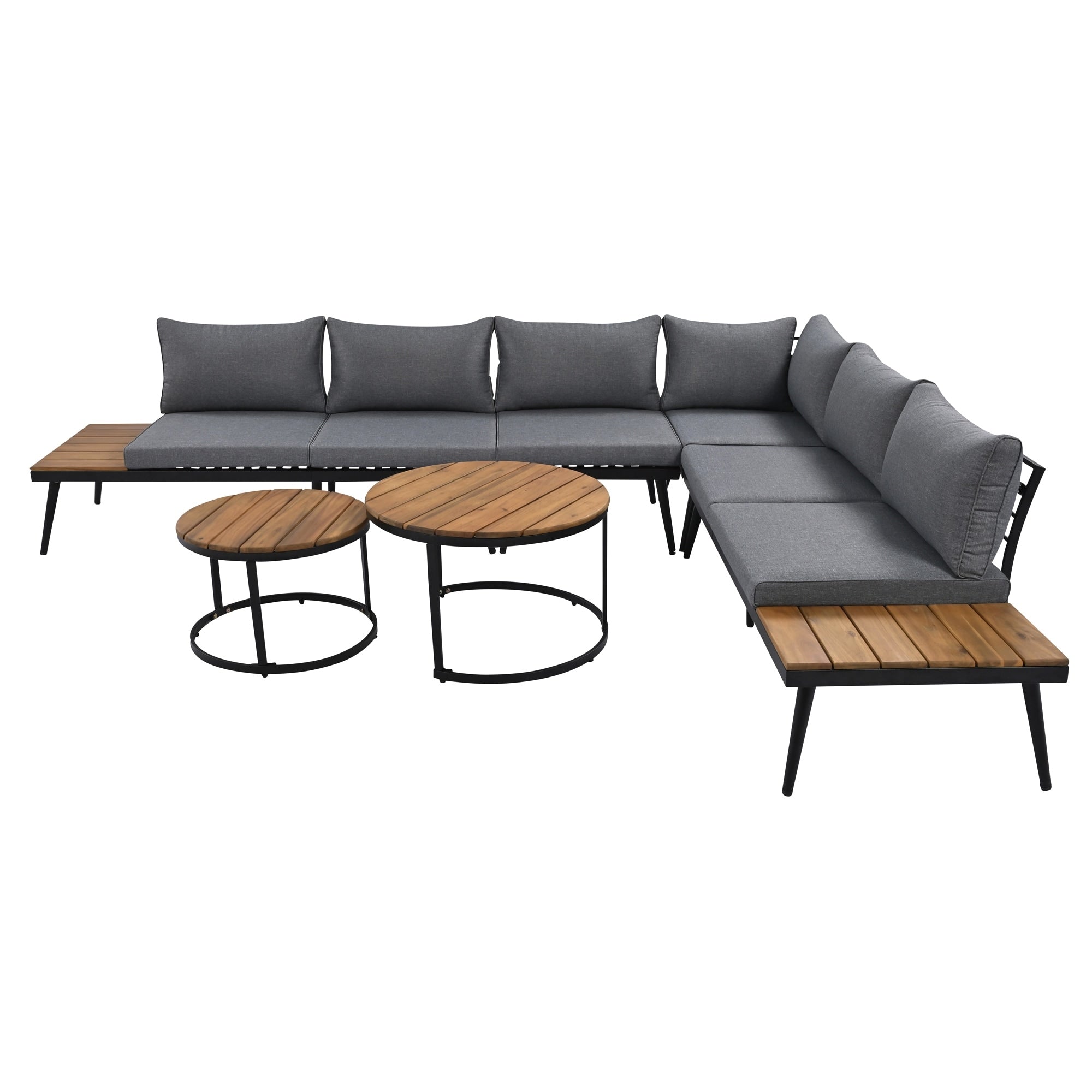 Ensemble de canapés d'extérieur 6 pièces avec tables basses rondes gigognes et canapé d'assise avec coussins