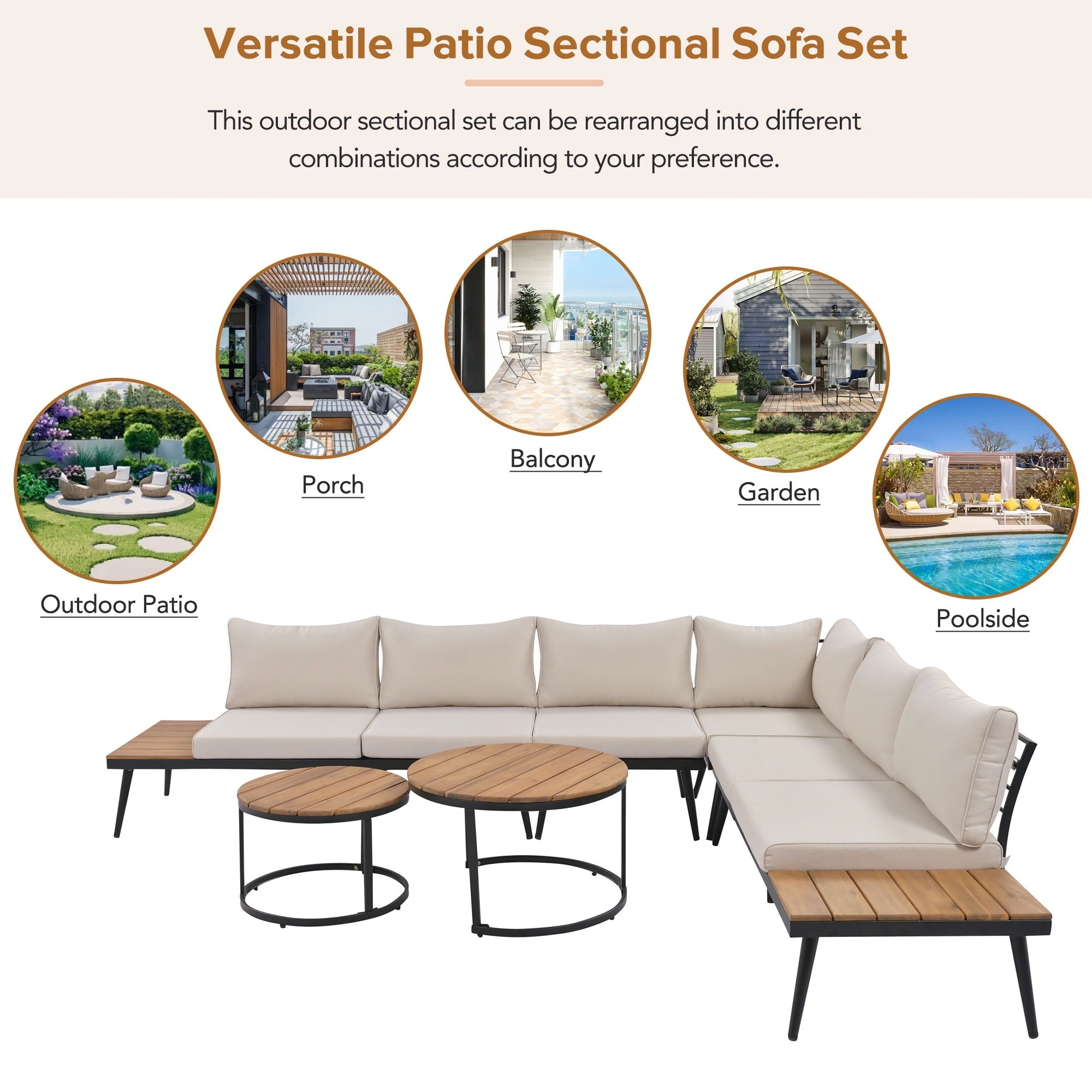 Ensemble de canapés d'extérieur 6 pièces avec tables basses rondes gigognes et canapé d'assise avec coussins