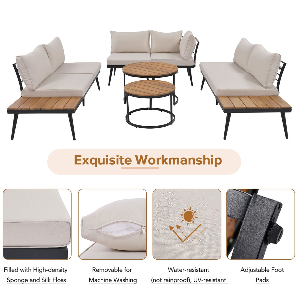 Ensemble de canapés d'extérieur 6 pièces avec tables basses rondes gigognes et canapé d'assise avec coussins