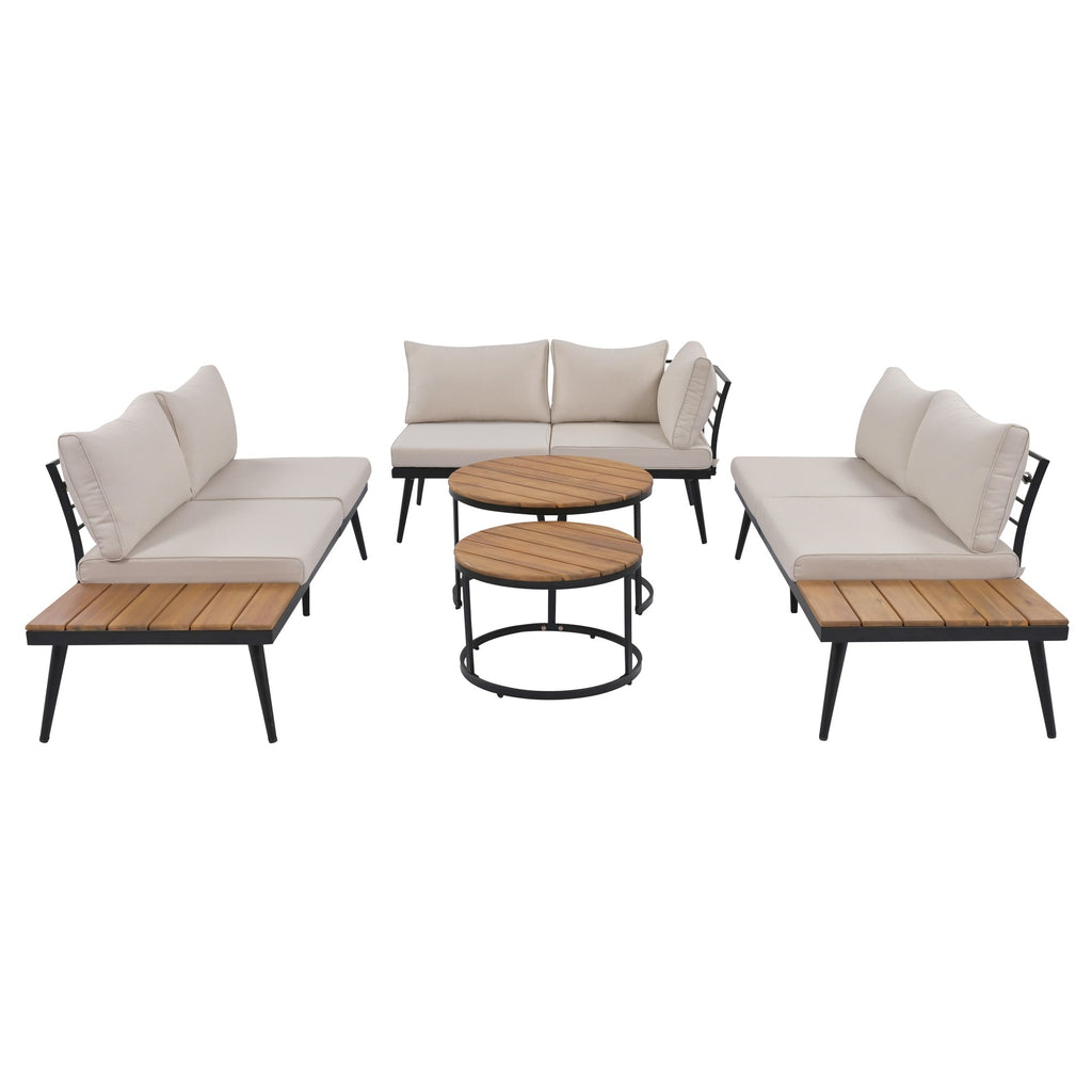 Ensemble de canapés d'extérieur 6 pièces avec tables basses rondes gigognes et canapé d'assise avec coussins