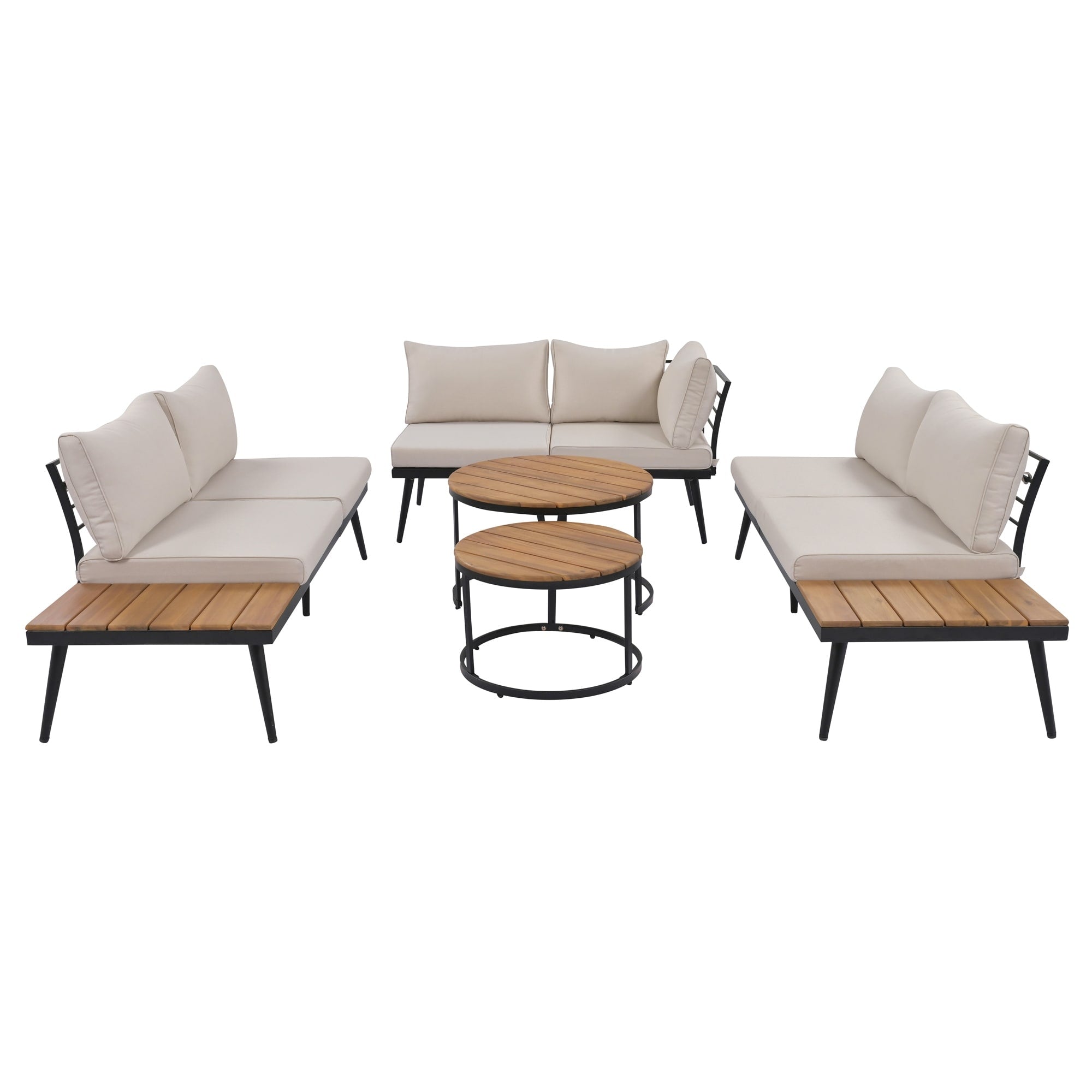 Ensemble de canapés d'extérieur 6 pièces avec tables basses rondes gigognes et canapé d'assise avec coussins