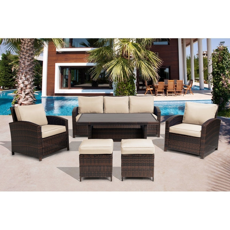 Ensemble de conversation extérieur en osier de 6 pièces pour patio