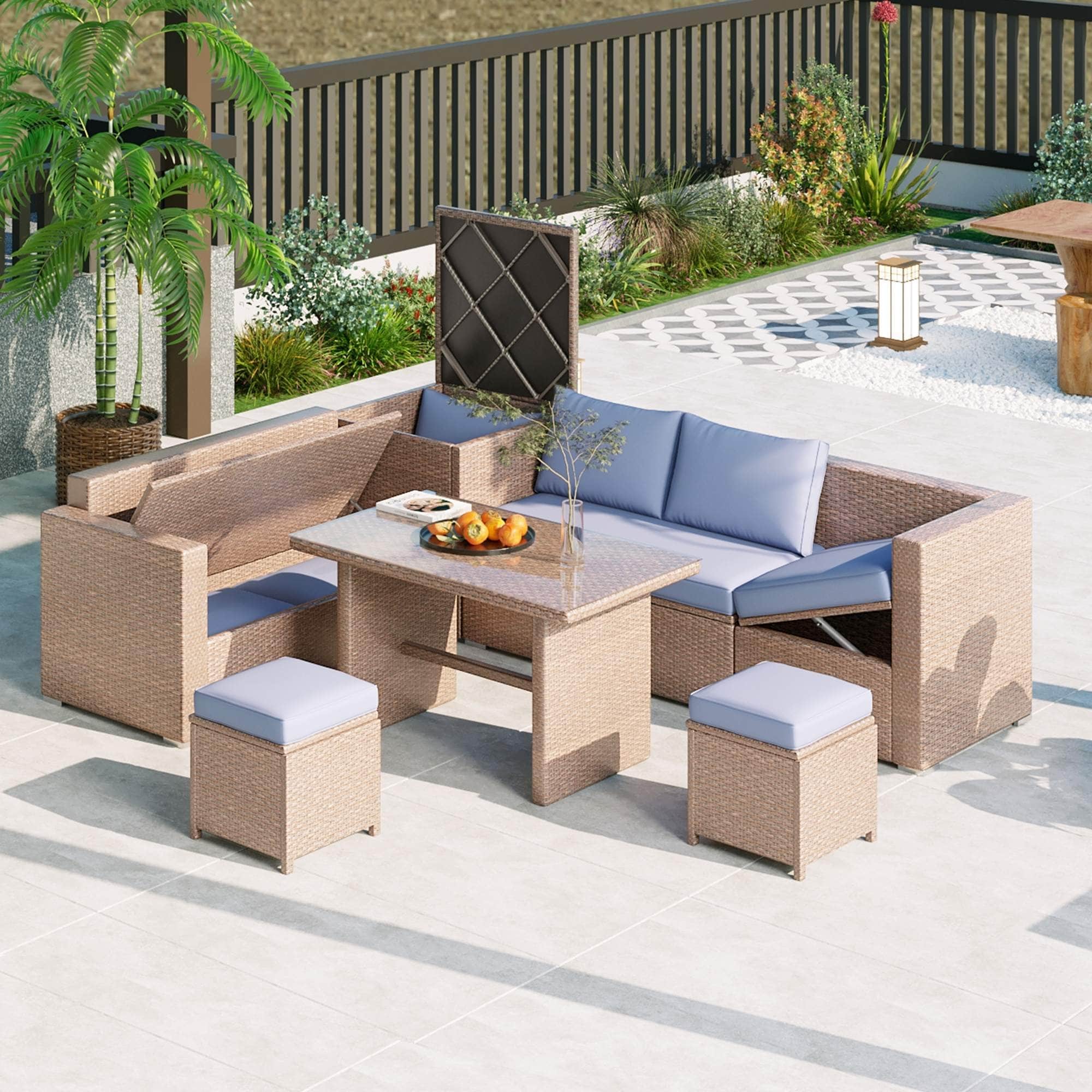 Ensemble de canapés de patio en rotin PE 6 pièces avec rangement et sièges réglables