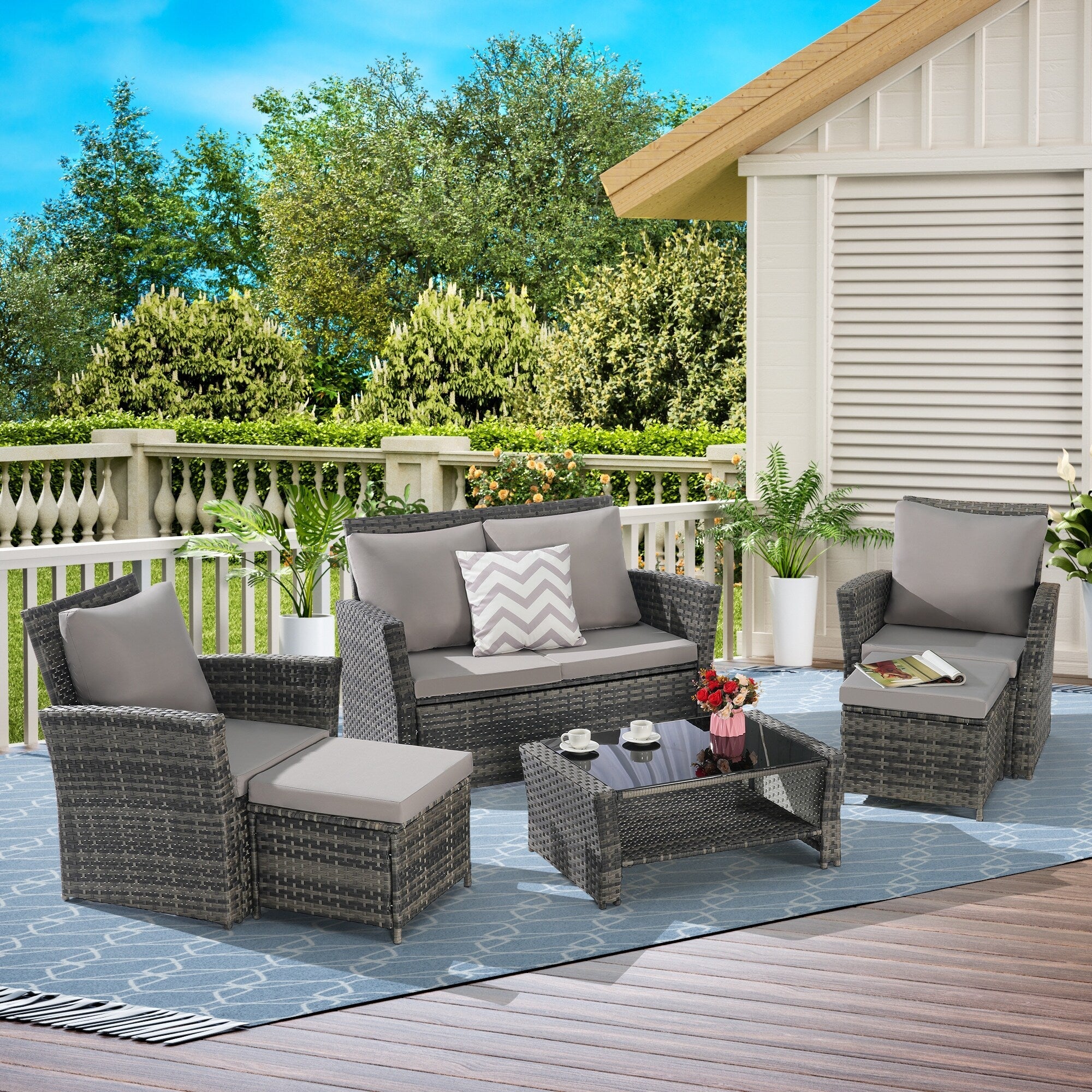 Ensemble de 6 meubles de jardin, canapé sectionnel en osier toutes saisons avec table basse en verre et 2 poufs