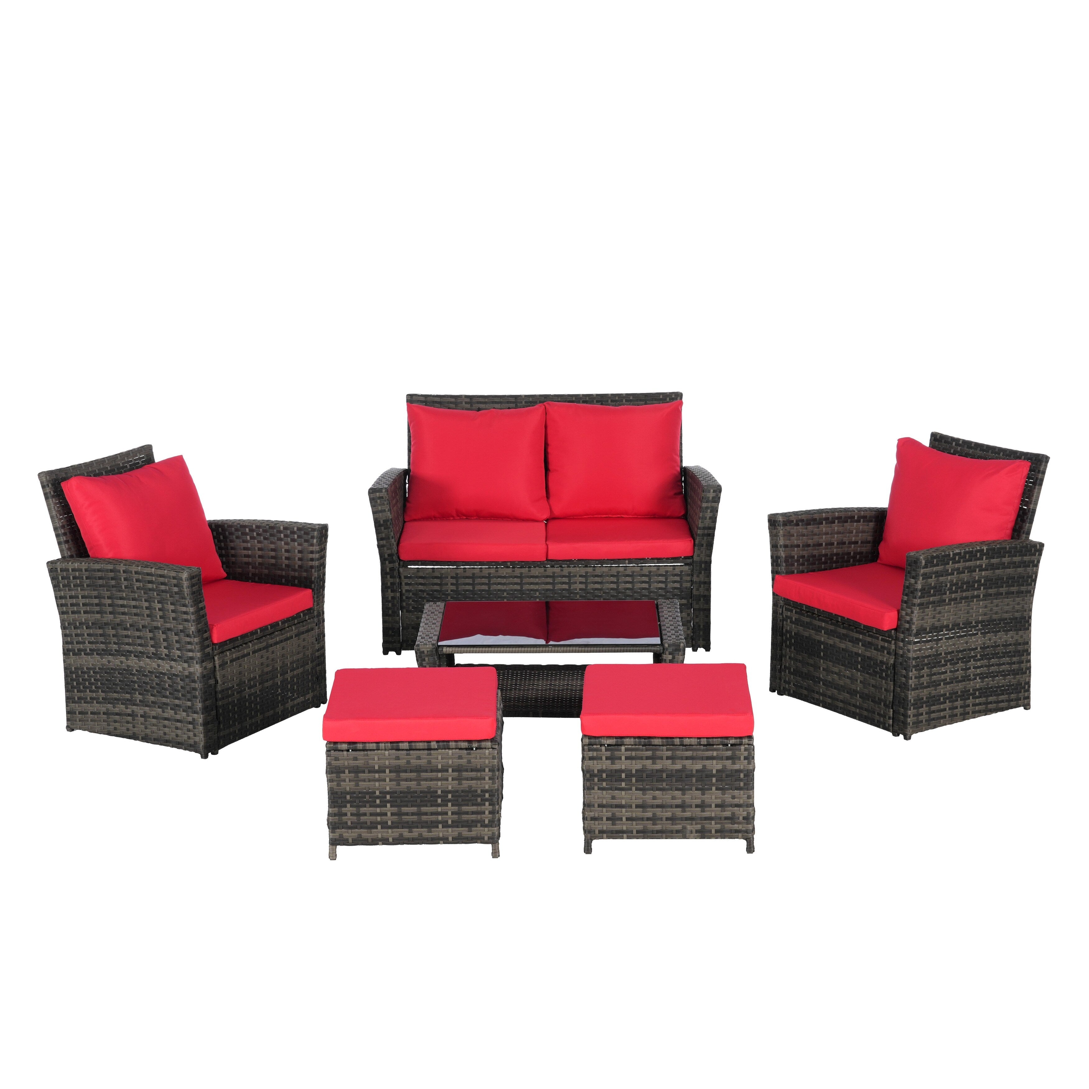 Ensemble de 6 meubles de jardin, canapé sectionnel en osier toutes saisons avec table basse en verre et 2 poufs