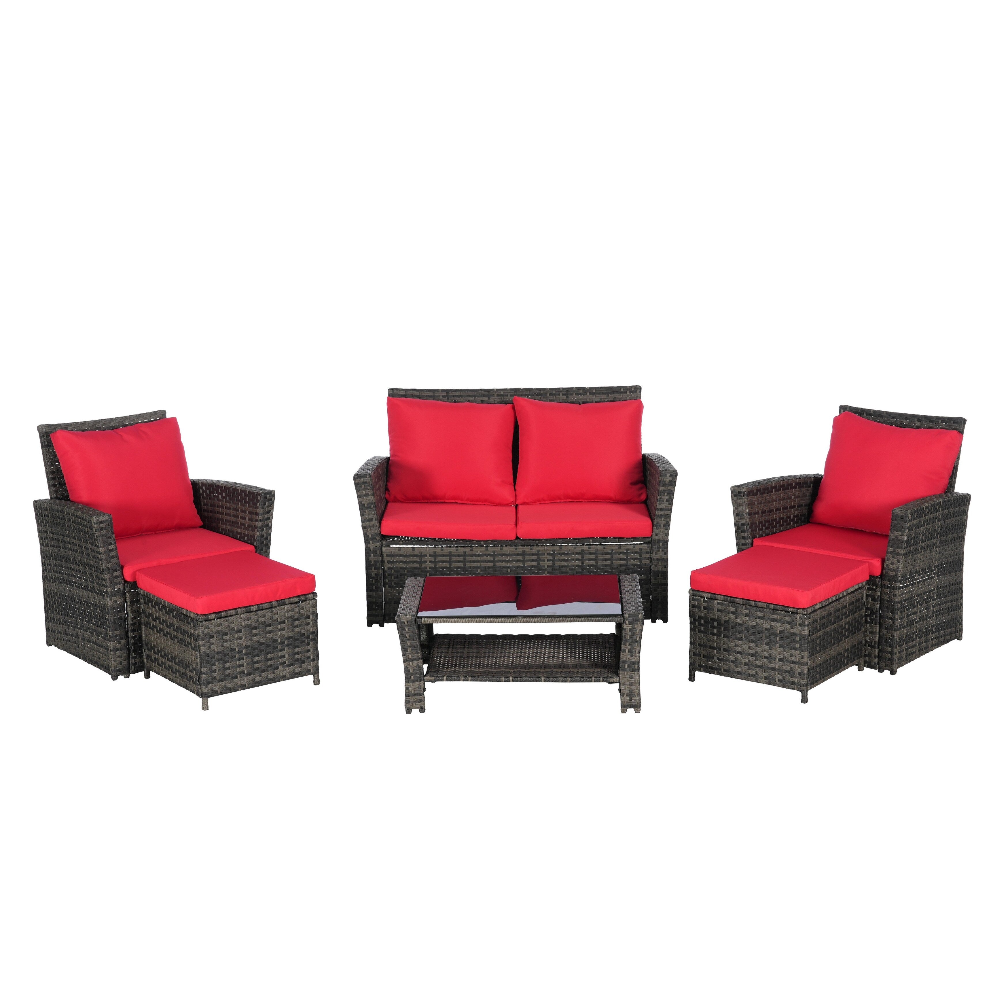 Ensemble de 6 meubles de jardin, canapé sectionnel en osier toutes saisons avec table basse en verre et 2 poufs