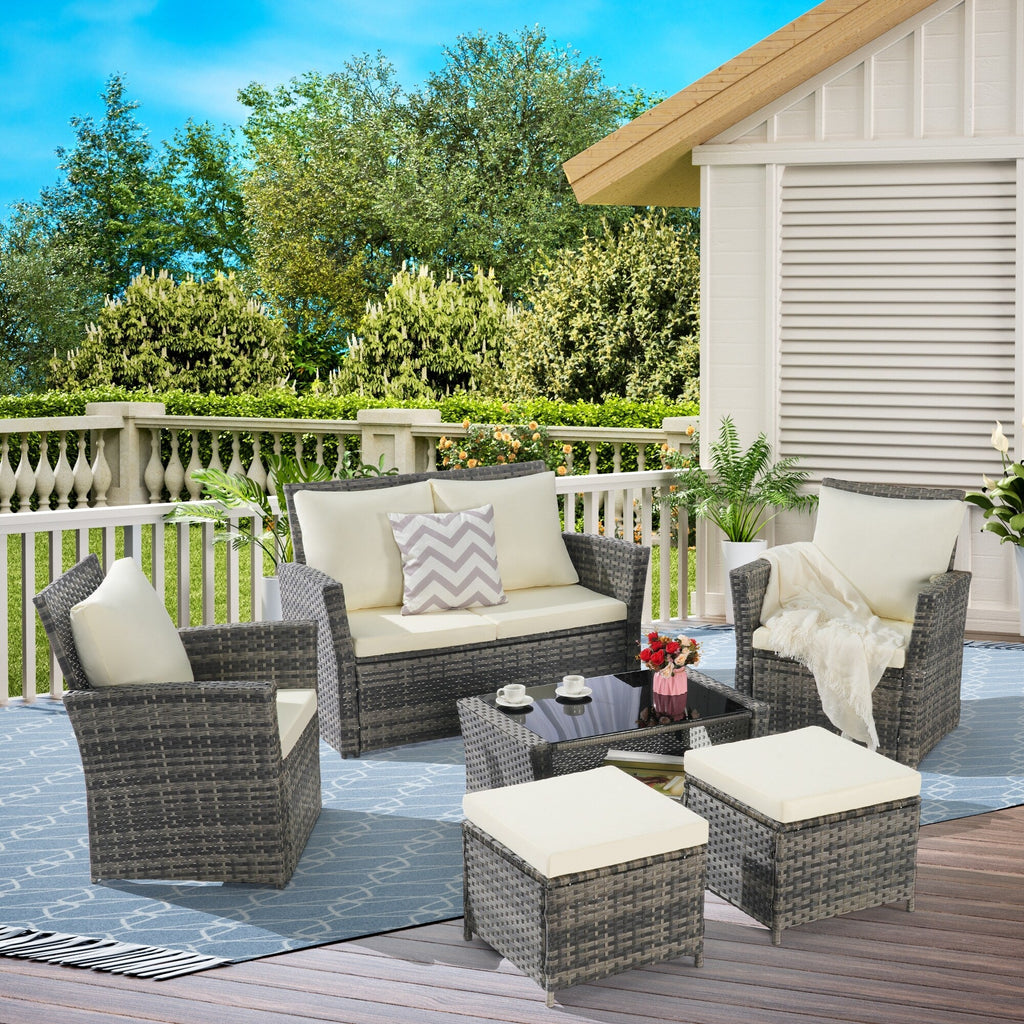 Ensemble de 6 meubles de jardin, canapé sectionnel en osier toutes saisons avec table basse en verre et 2 poufs