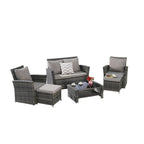 Ensemble de 6 meubles de jardin, canapé sectionnel en osier toutes saisons avec table basse en verre et 2 poufs