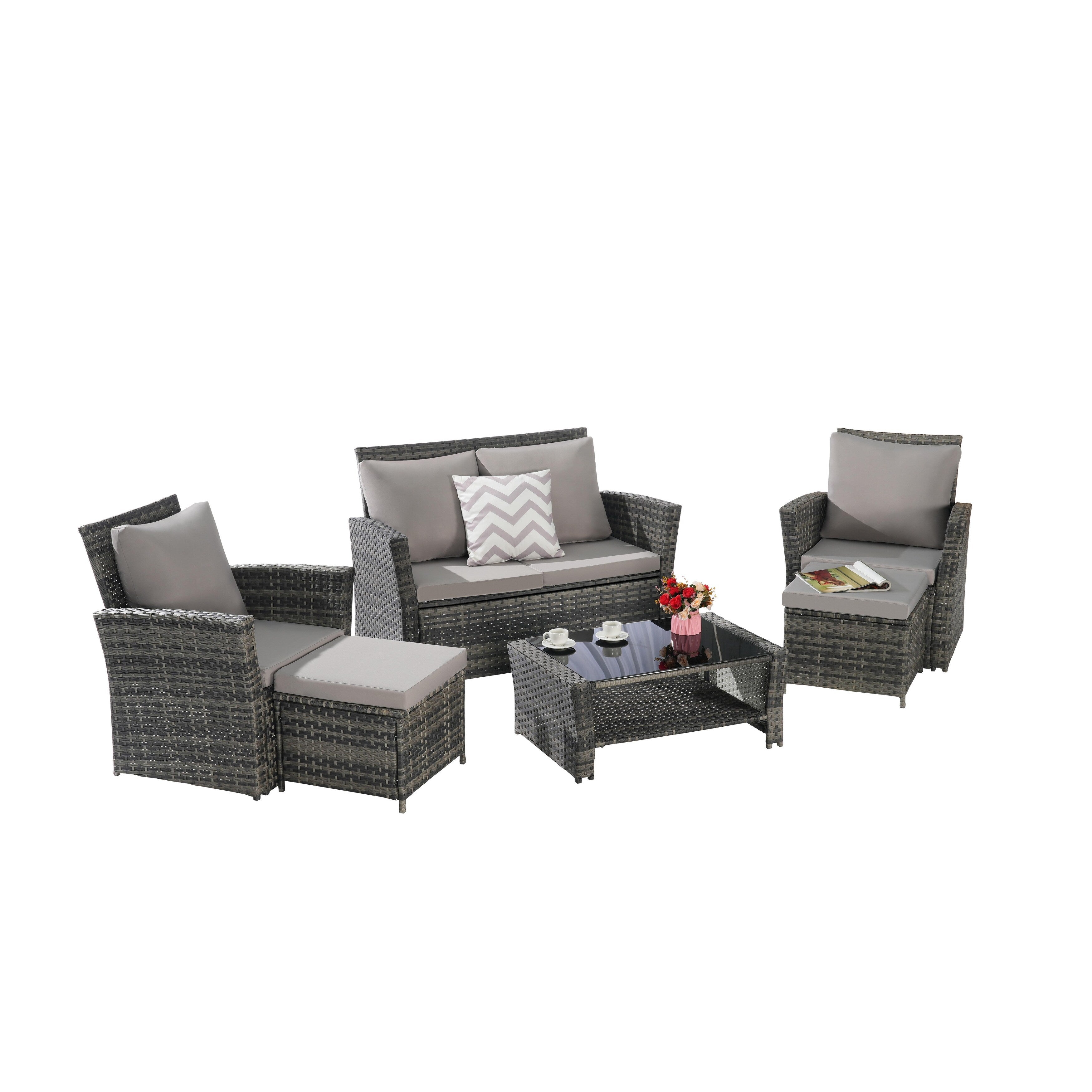 Ensemble de 6 meubles de jardin, canapé sectionnel en osier toutes saisons avec table basse en verre et 2 poufs