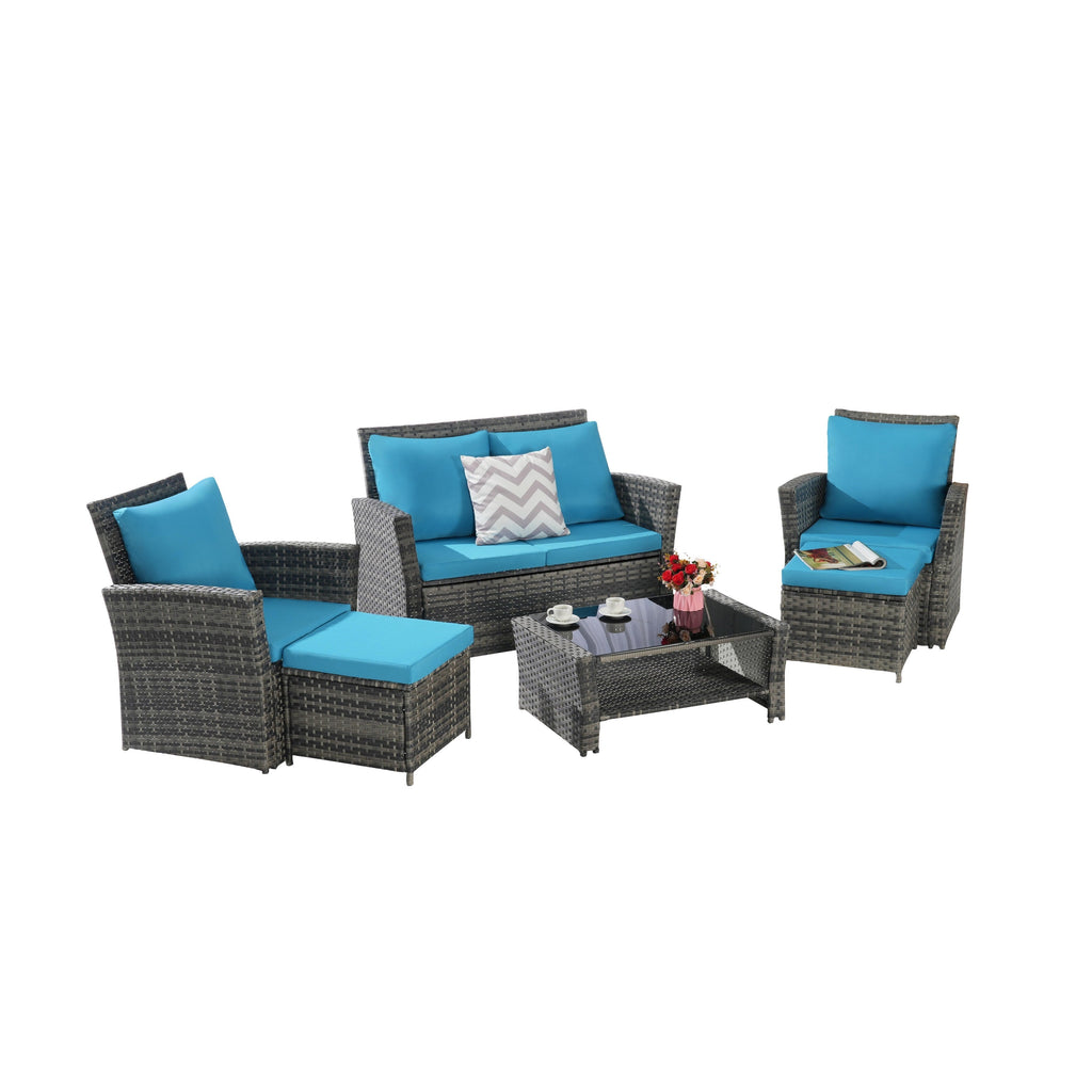 Ensemble de 6 meubles de jardin, canapé sectionnel en osier toutes saisons avec table basse en verre et 2 poufs