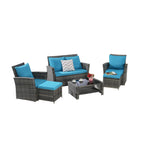 Ensemble de 6 meubles de jardin, canapé sectionnel en osier toutes saisons avec table basse en verre et 2 poufs