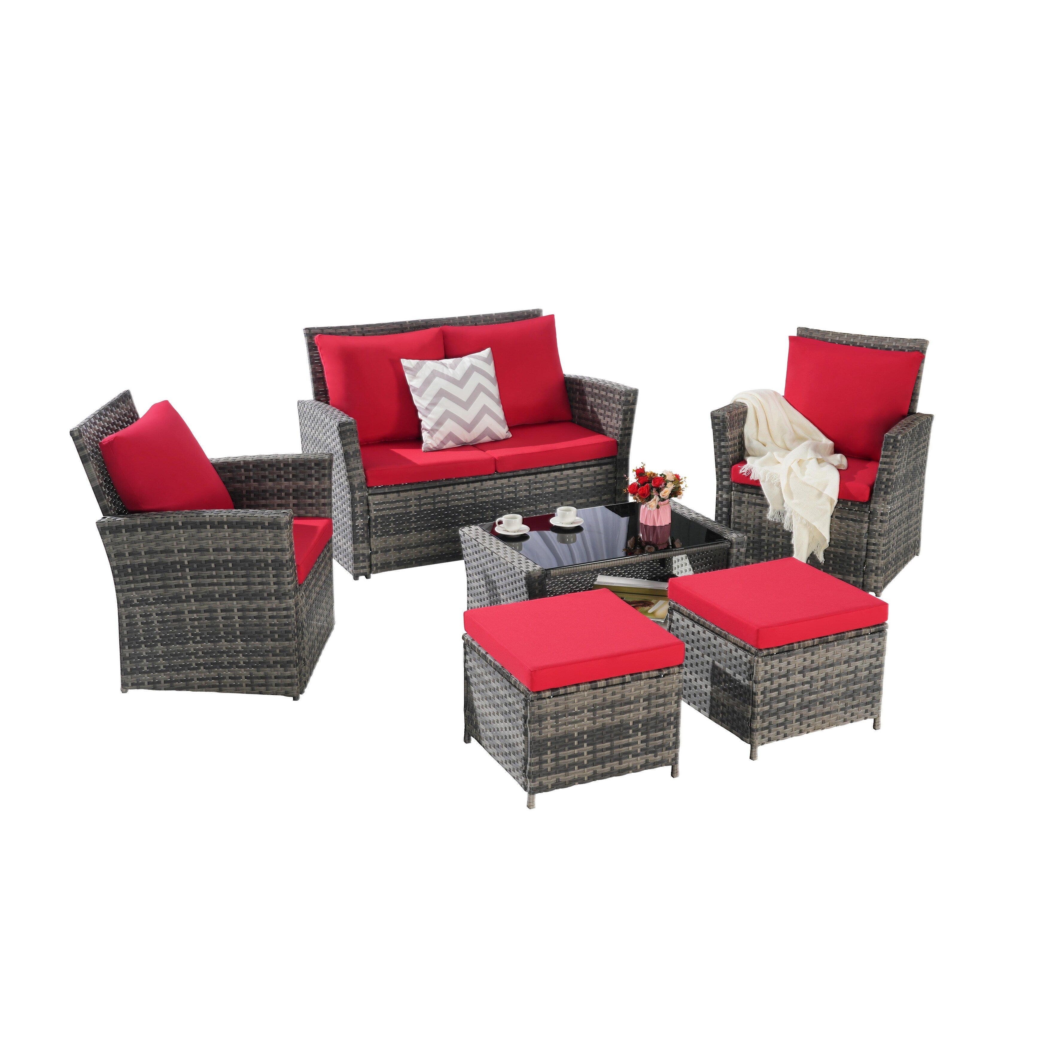 Ensemble de 6 meubles de jardin, canapé sectionnel en osier toutes saisons avec table basse en verre et 2 poufs