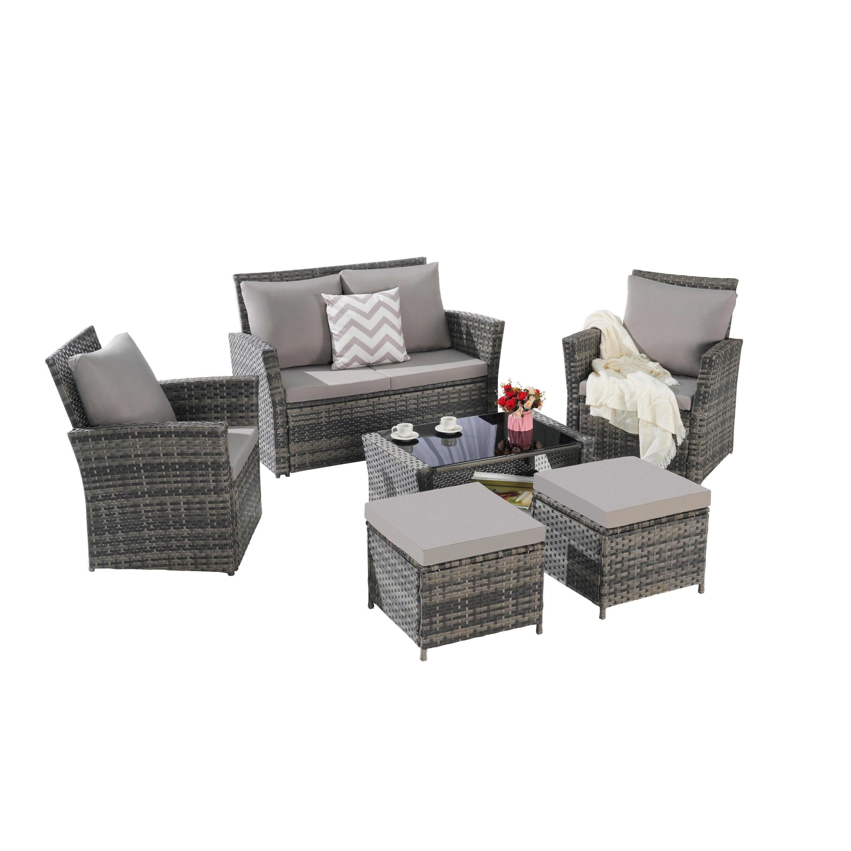 Ensemble de 6 meubles de jardin, canapé sectionnel en osier toutes saisons avec table basse en verre et 2 poufs