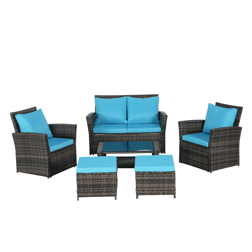 Ensemble de 6 meubles de jardin, canapé sectionnel en osier toutes saisons avec table basse en verre et 2 poufs