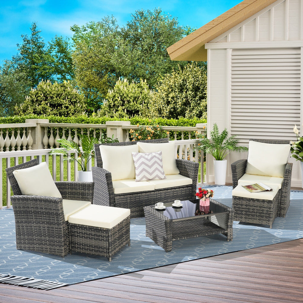 Ensemble de 6 meubles de jardin, canapé sectionnel en osier toutes saisons avec table basse en verre et 2 poufs