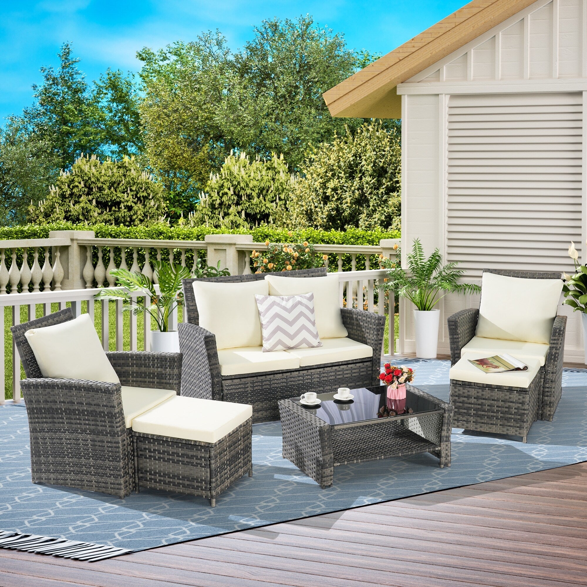 Ensemble de 6 meubles de jardin, canapé sectionnel en osier toutes saisons avec table basse en verre et 2 poufs