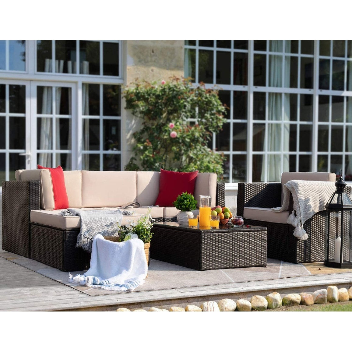 Ensemble de meubles de jardin Homall 6 pièces avec canapé sectionnel d'extérieur rembourré en rotin PE