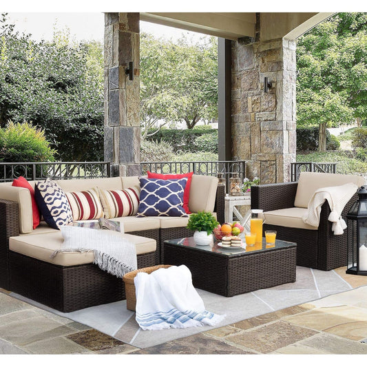 Ensemble de meubles de jardin Homall 6 pièces avec canapé sectionnel d'extérieur rembourré en rotin PE