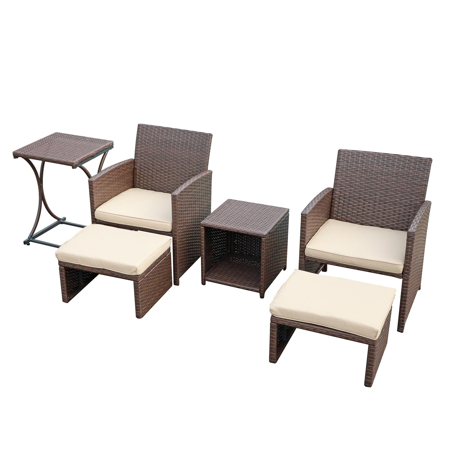 Ensemble de conversation en osier 6 pièces pour patio avec pouf et table d'appoint