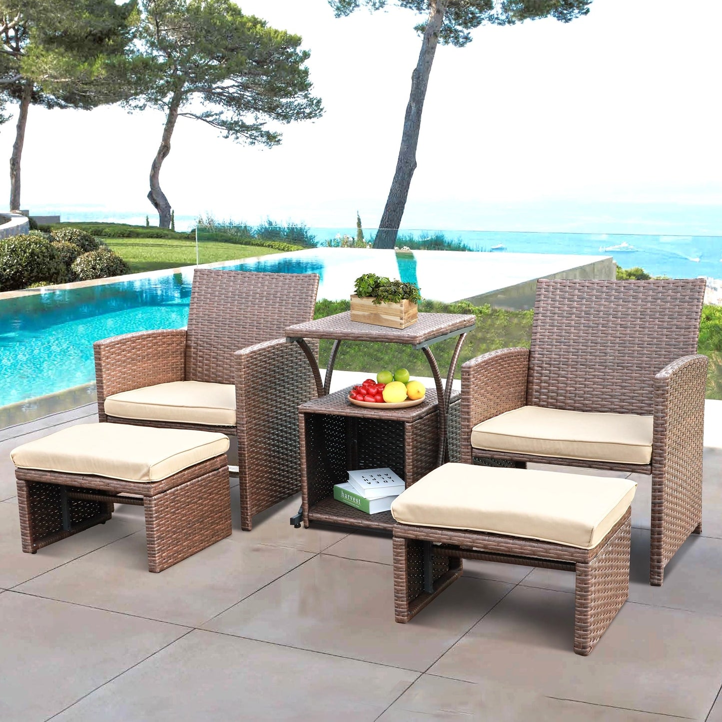 Ensemble de conversation en osier 6 pièces pour patio avec pouf et table d'appoint