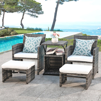 Ensemble de conversation en osier 6 pièces pour patio avec pouf et table d'appoint