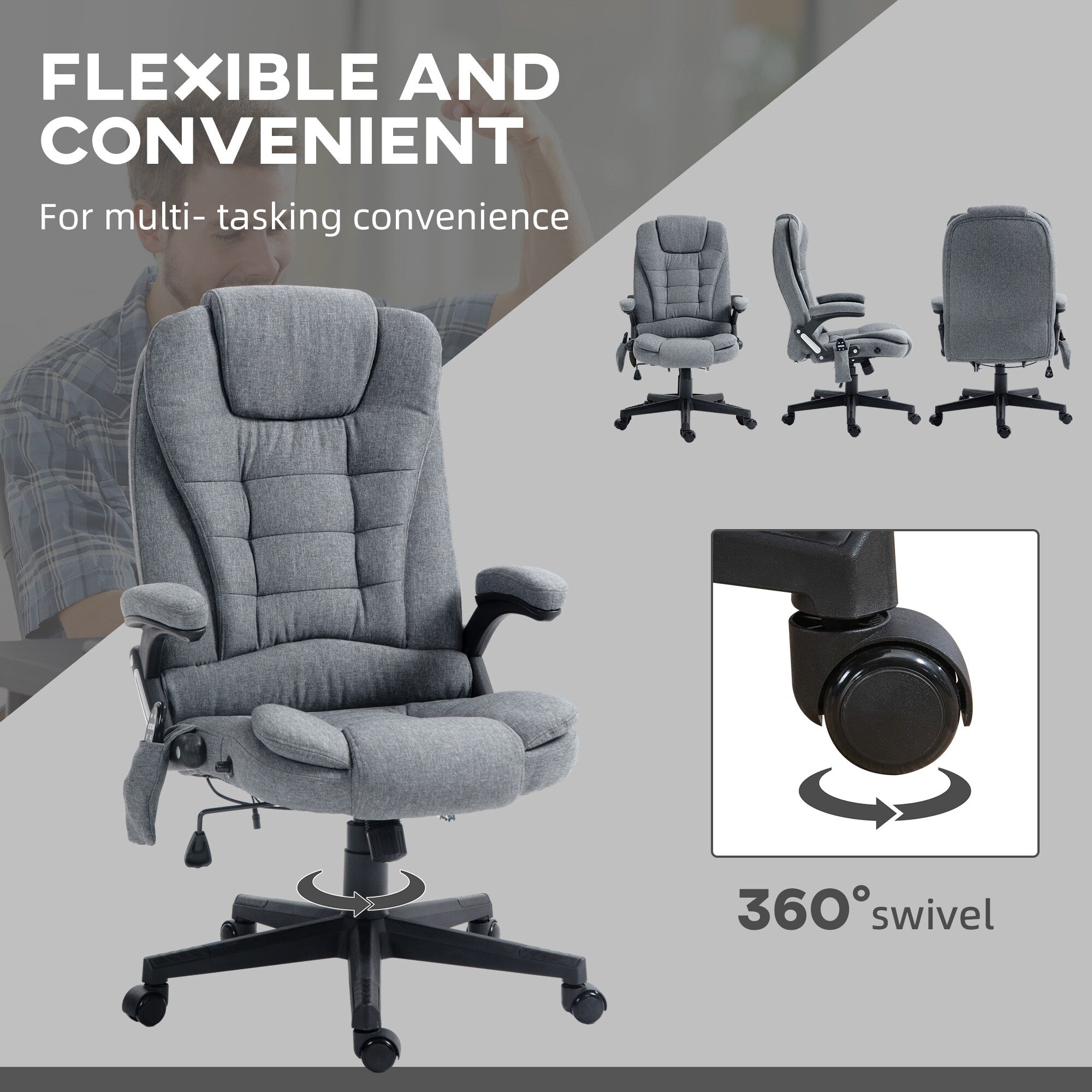 Fauteuil de bureau inclinable à 6 points de massage, fauteuil de direction ergonomique à dossier haut avec chauffage lombaire
