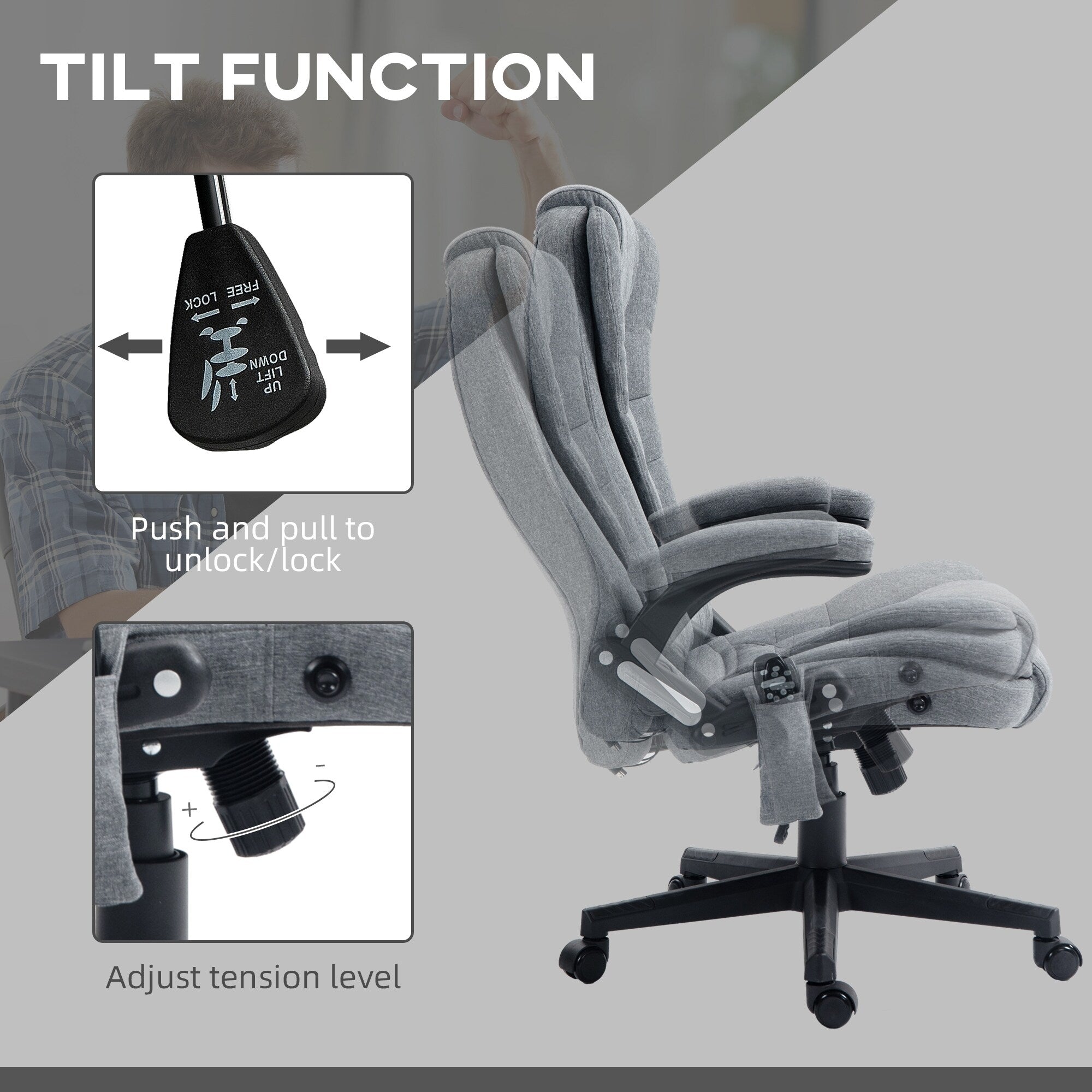 Fauteuil de bureau inclinable à 6 points de massage, fauteuil de direction ergonomique à dossier haut avec chauffage lombaire