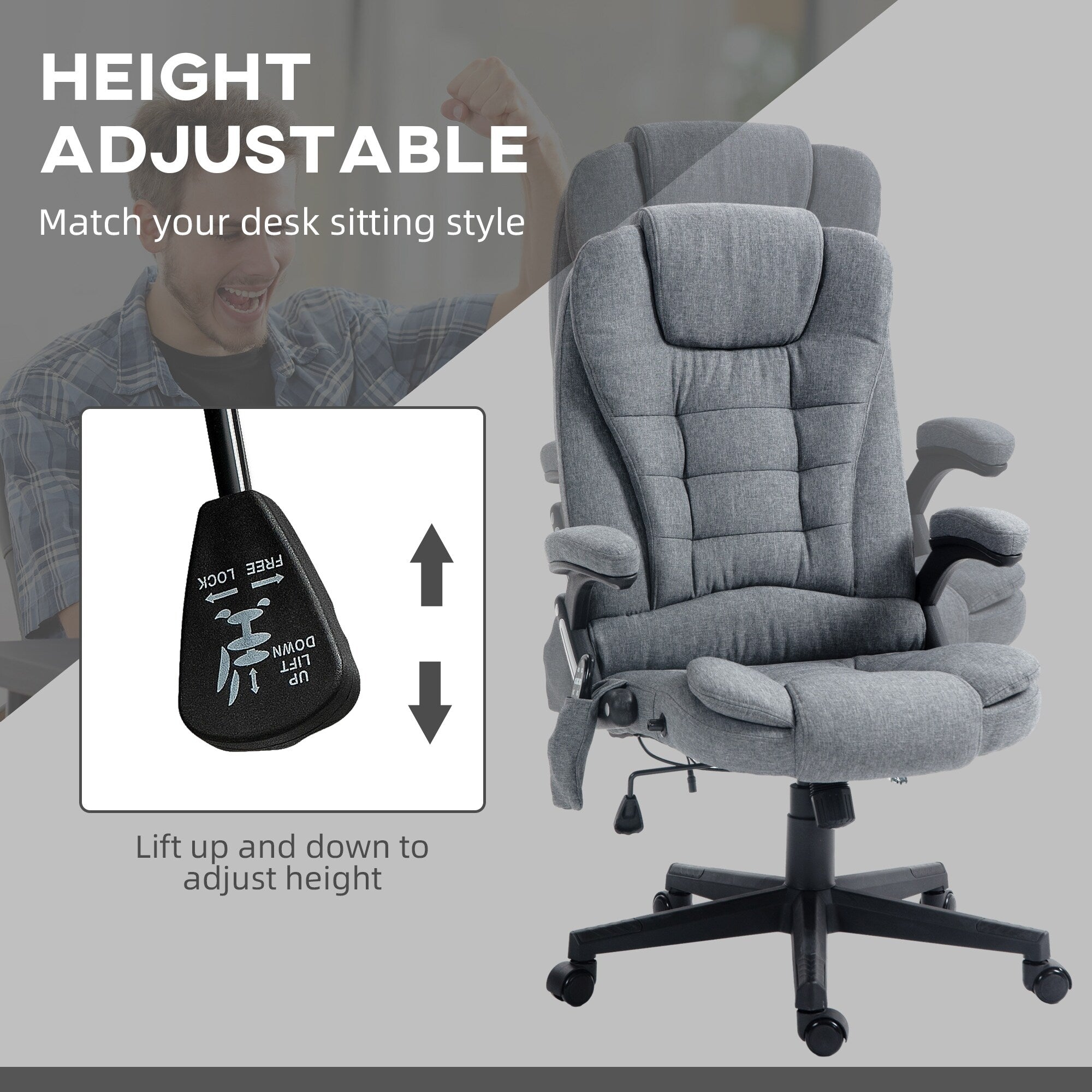 Fauteuil de bureau inclinable à 6 points de massage, fauteuil de direction ergonomique à dossier haut avec chauffage lombaire