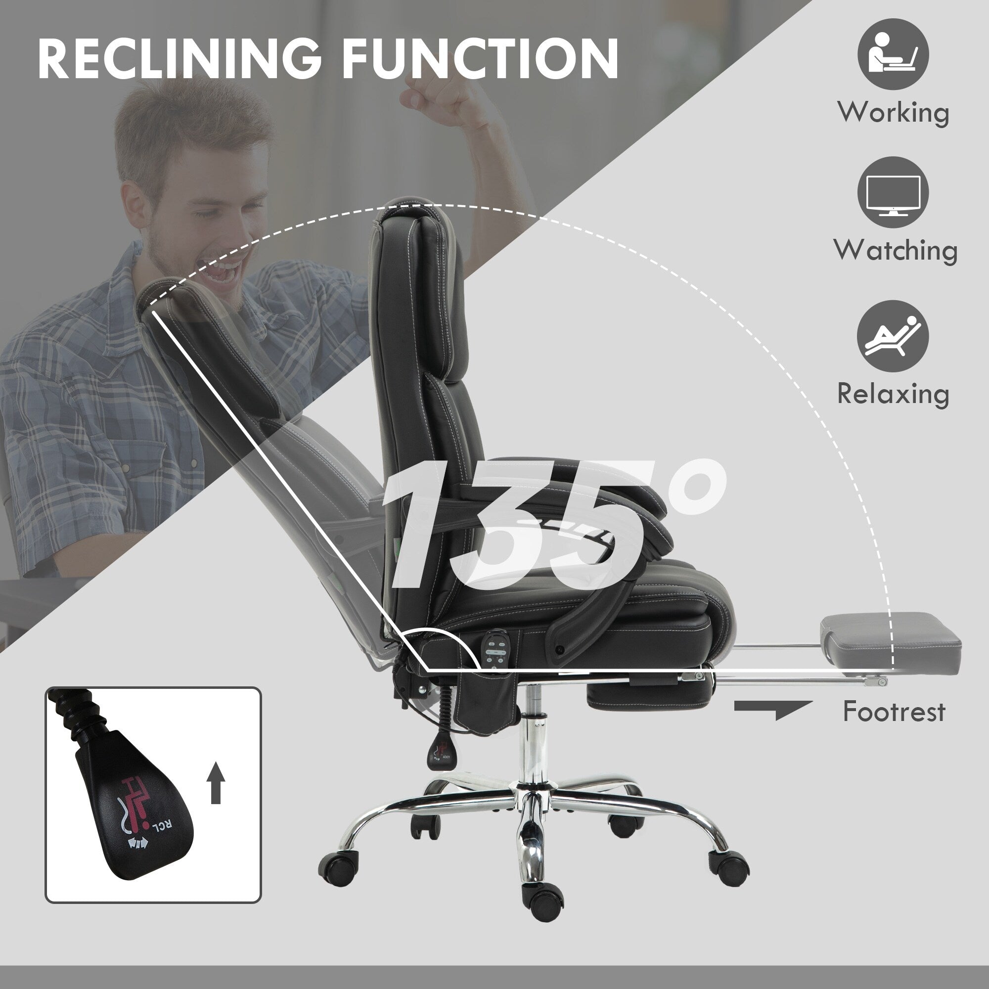 Fauteuil de bureau inclinable avec massage par vibrations à 6 points, revêtement en cuir PU, avec chauffage lombaire et repose-pieds