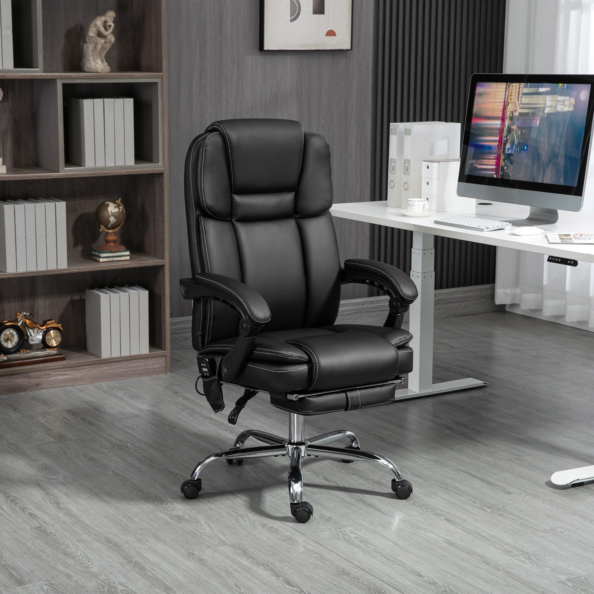 Fauteuil de bureau inclinable avec massage par vibrations à 6 points, revêtement en cuir PU, avec chauffage lombaire et repose-pieds
