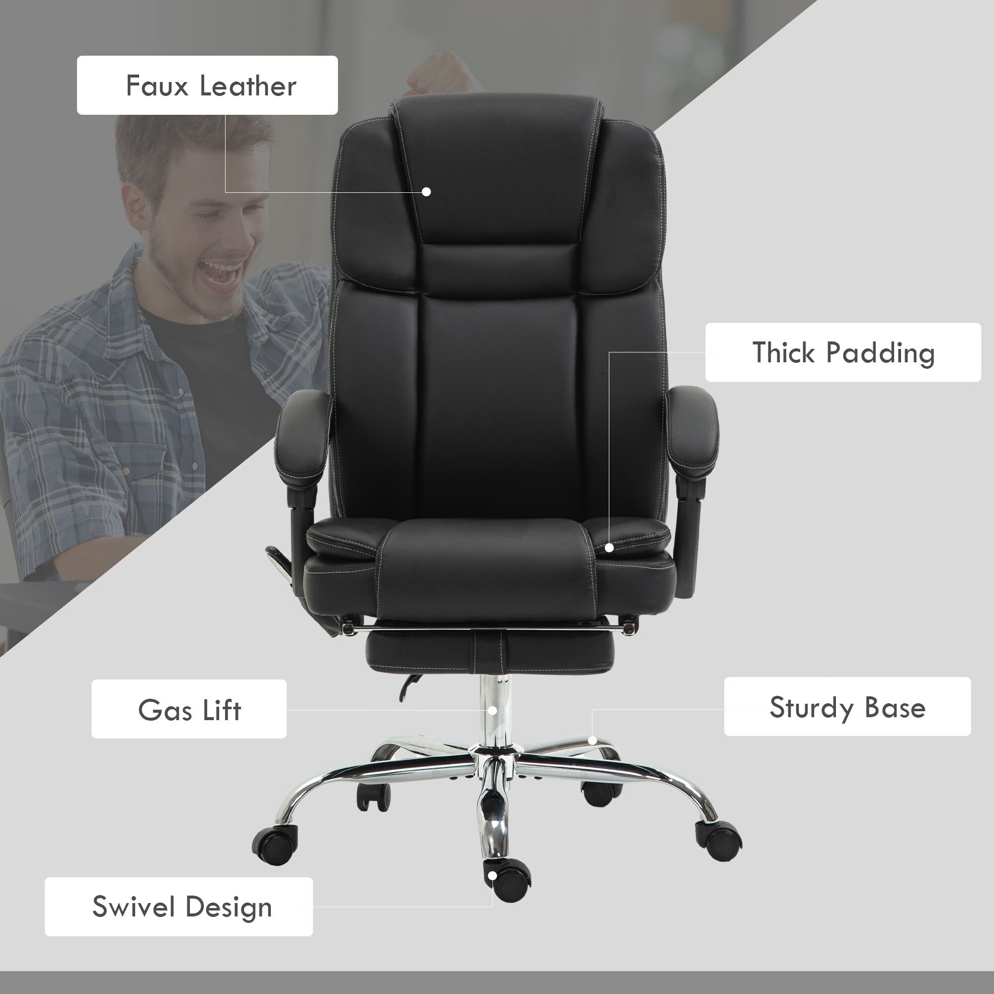 Fauteuil de bureau inclinable avec massage par vibrations à 6 points, revêtement en cuir PU, avec chauffage lombaire et repose-pieds