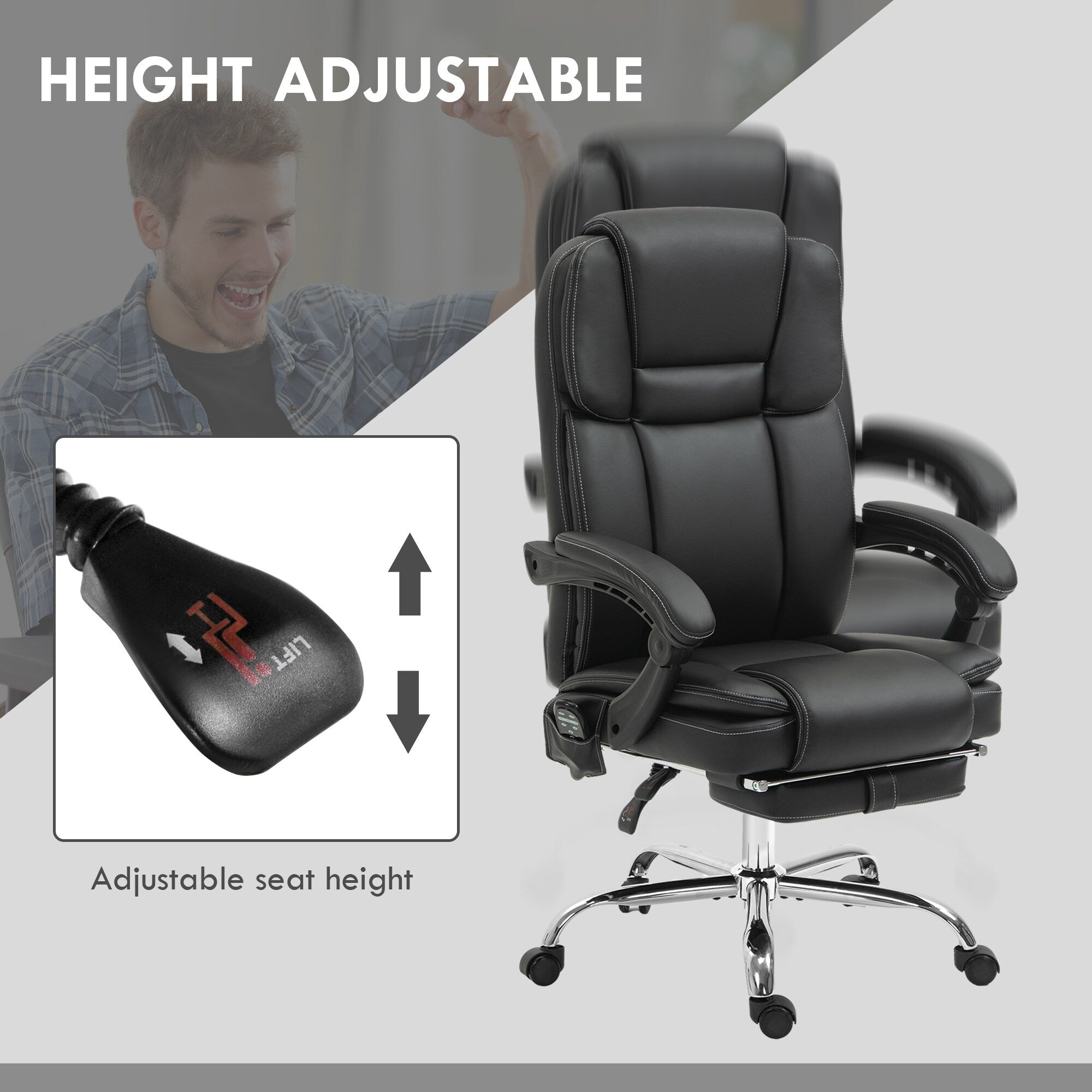 Fauteuil de bureau inclinable avec massage par vibrations à 6 points, revêtement en cuir PU, avec chauffage lombaire et repose-pieds