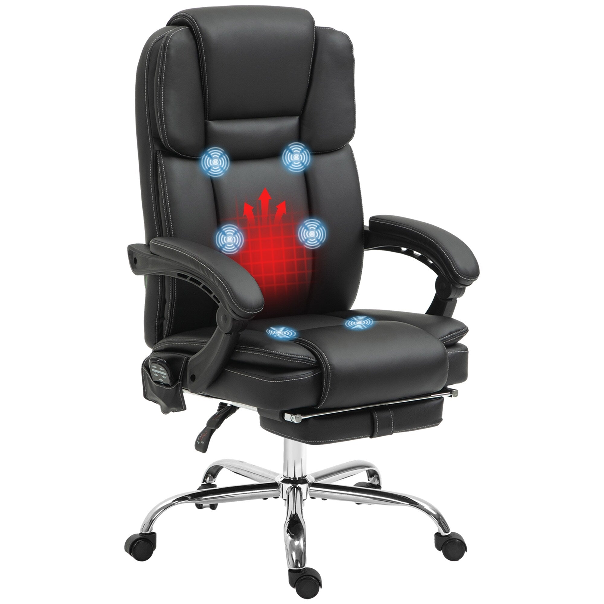 Fauteuil de bureau inclinable avec massage par vibrations à 6 points, revêtement en cuir PU, avec chauffage lombaire et repose-pieds