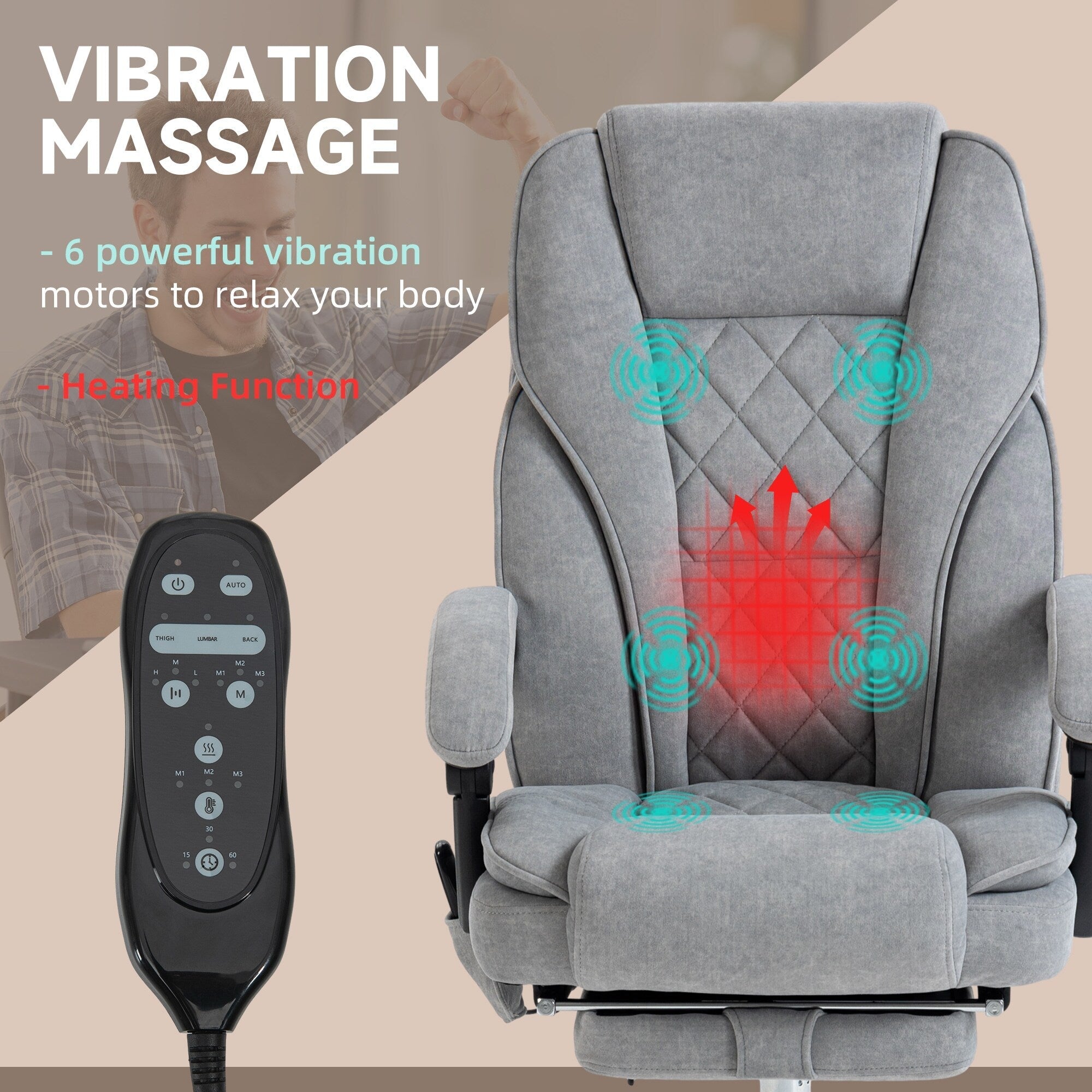 Fauteuil de bureau inclinable et ergonomique avec massage par vibrations à 6 points, pivotant et chauffant pour les lombaires, avec repose-pieds et hauteur réglable
