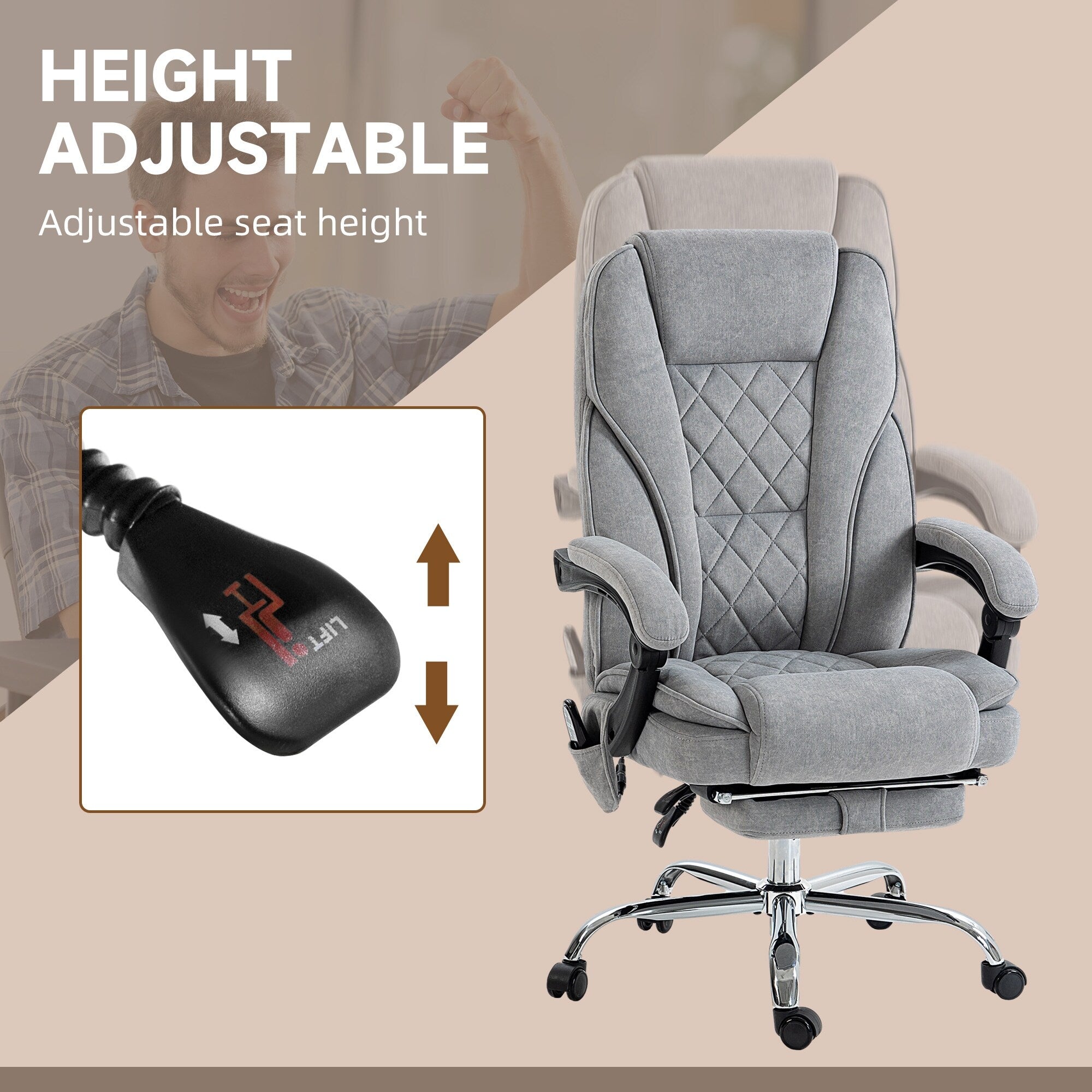 Fauteuil de bureau inclinable et ergonomique avec massage par vibrations à 6 points, pivotant et chauffant pour les lombaires, avec repose-pieds et hauteur réglable