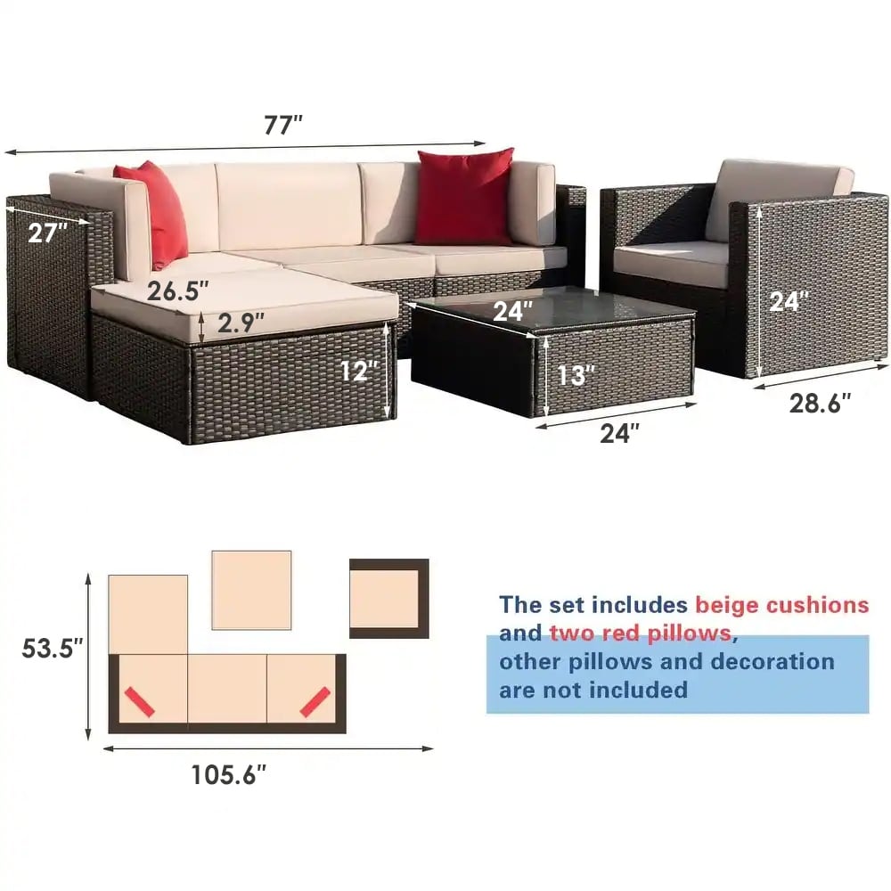 Ensemble de meubles de jardin Homall 6 pièces avec canapé sectionnel d'extérieur rembourré en rotin PE